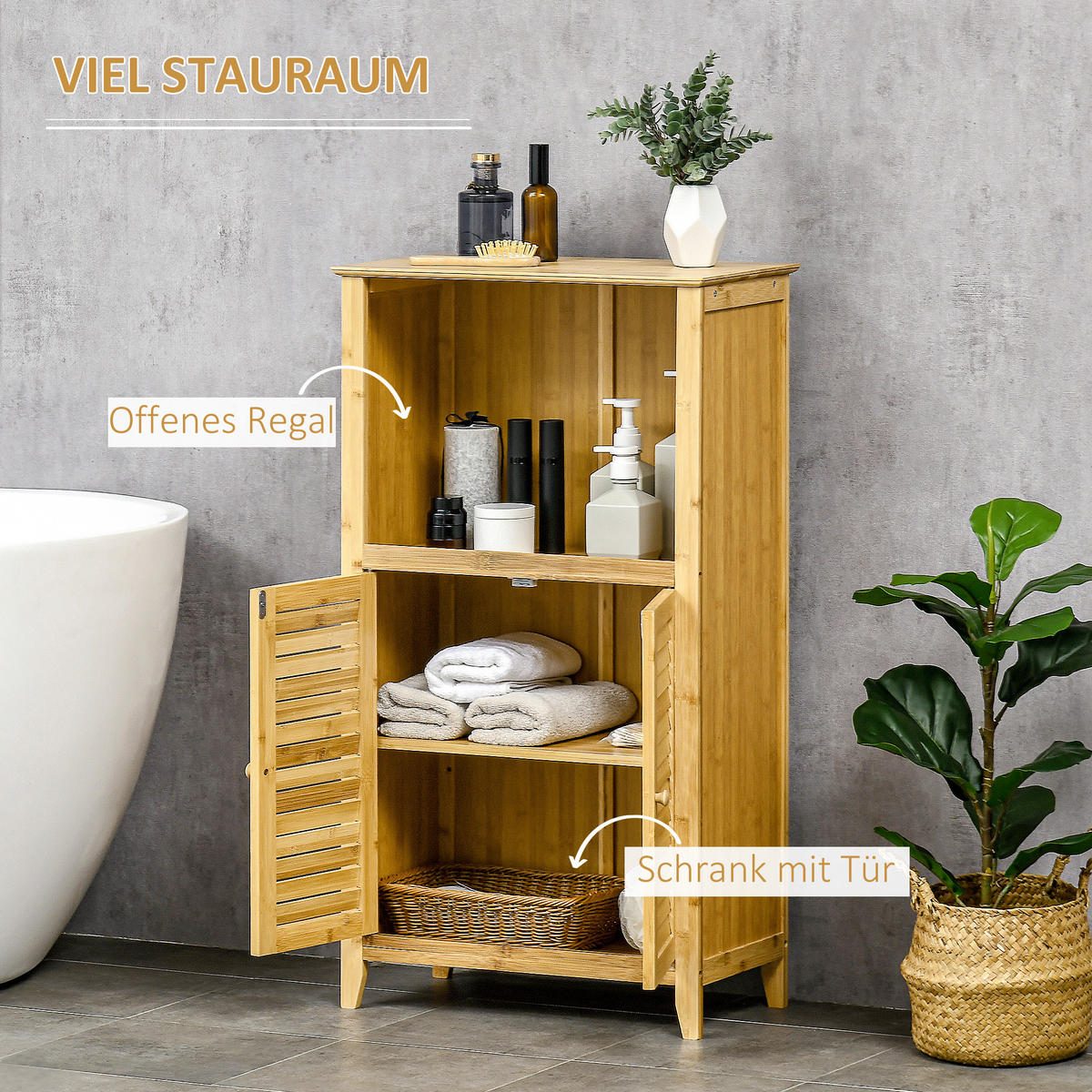 BADZIMMERSCHRANK mit offenem Regal, Bambus, Natur, 50 x 25,5 x 92 cm - Naturfarben, Holz (25.5/92/50cm) - HOMCOM