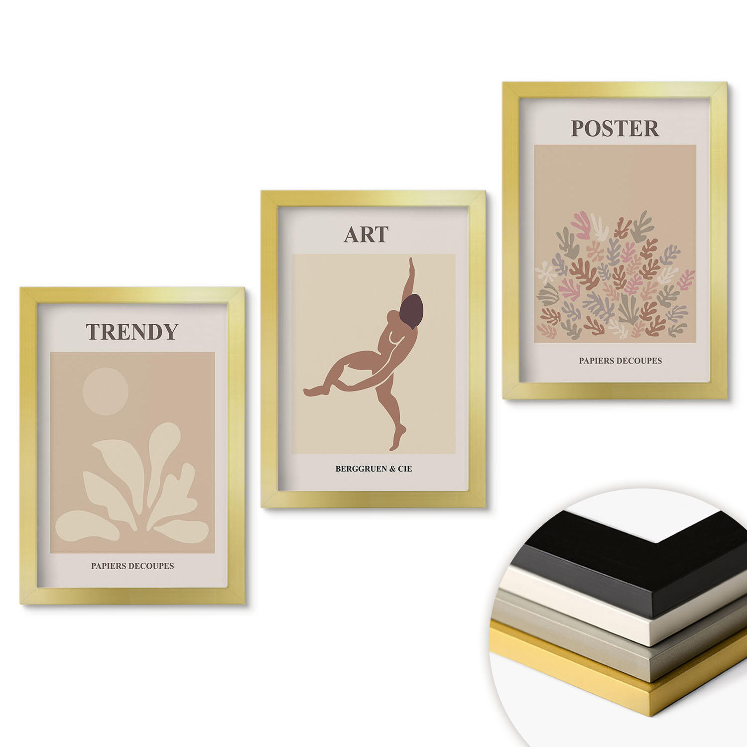 WANDBILDER 3er Set - 20x30 cm Goldrahmen - Matisses abstrakte Formen - Goldfarben, Kunststoff (20/30cm) - ArtPrintCave