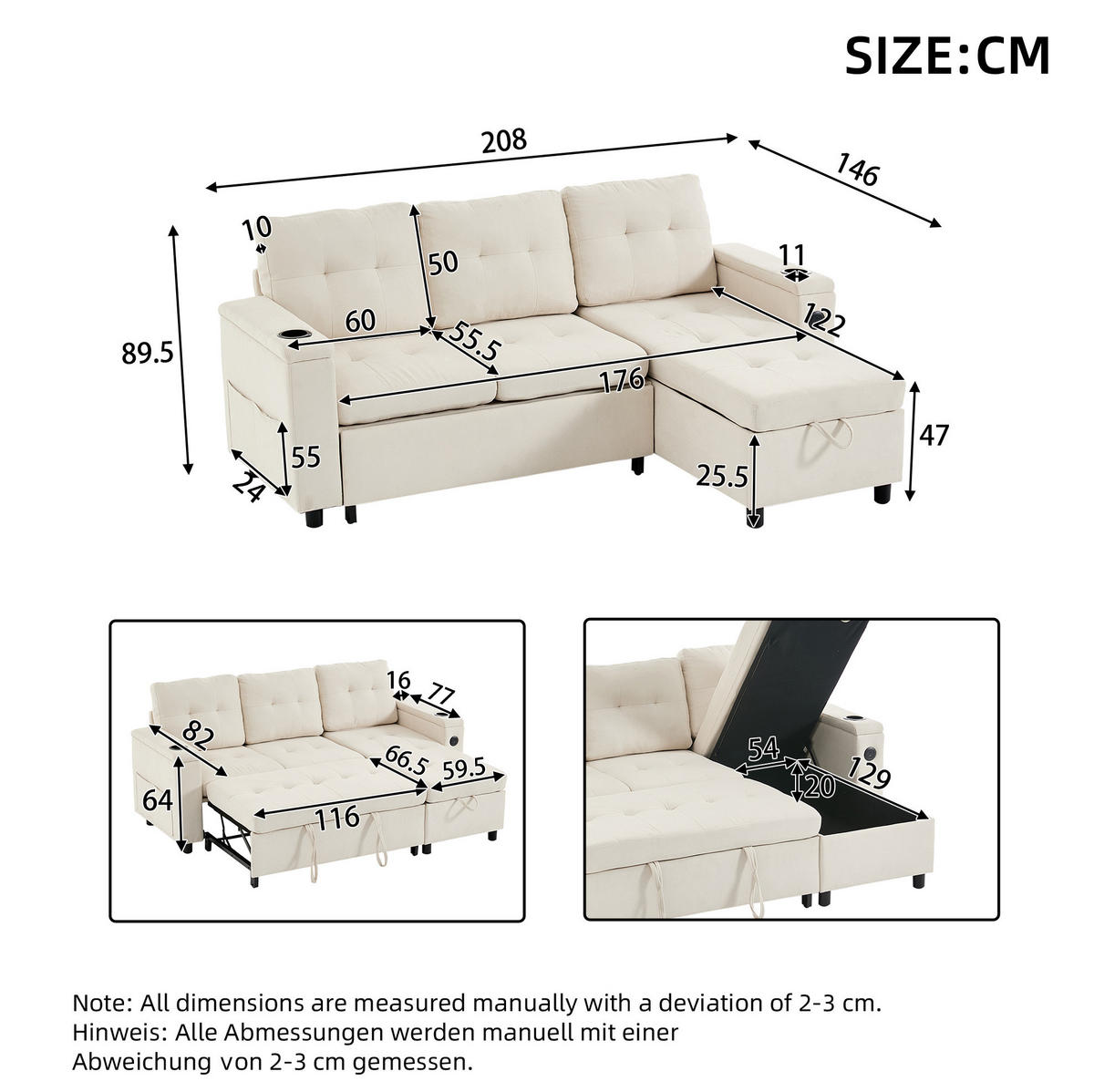 SCHLAFSOFA 208/146/89,5 cm in Beige – mit Bettkasten und LED - Beige, Textil (146/89.5/208cm) - BEAOK