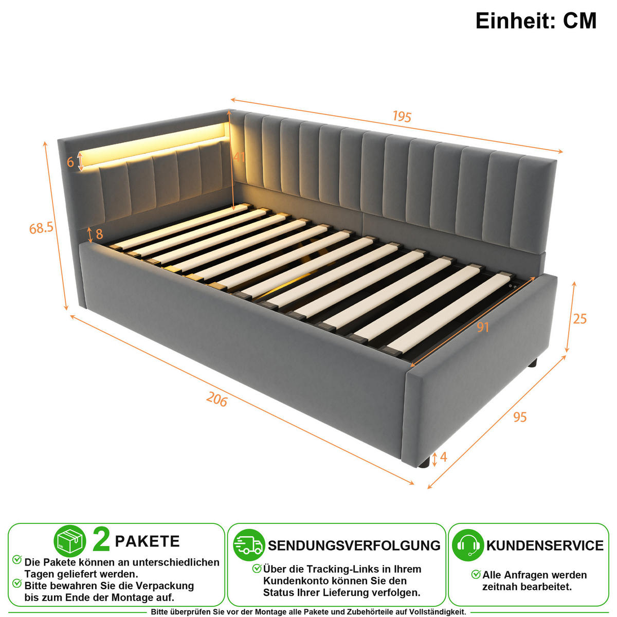 SCHLAFSOFA 90/200 cm in Grau Samt mit LED und Bettkasten - Dunkelgrau, Holzwerkstoff/Textil (90/200cm) - CHICFURN