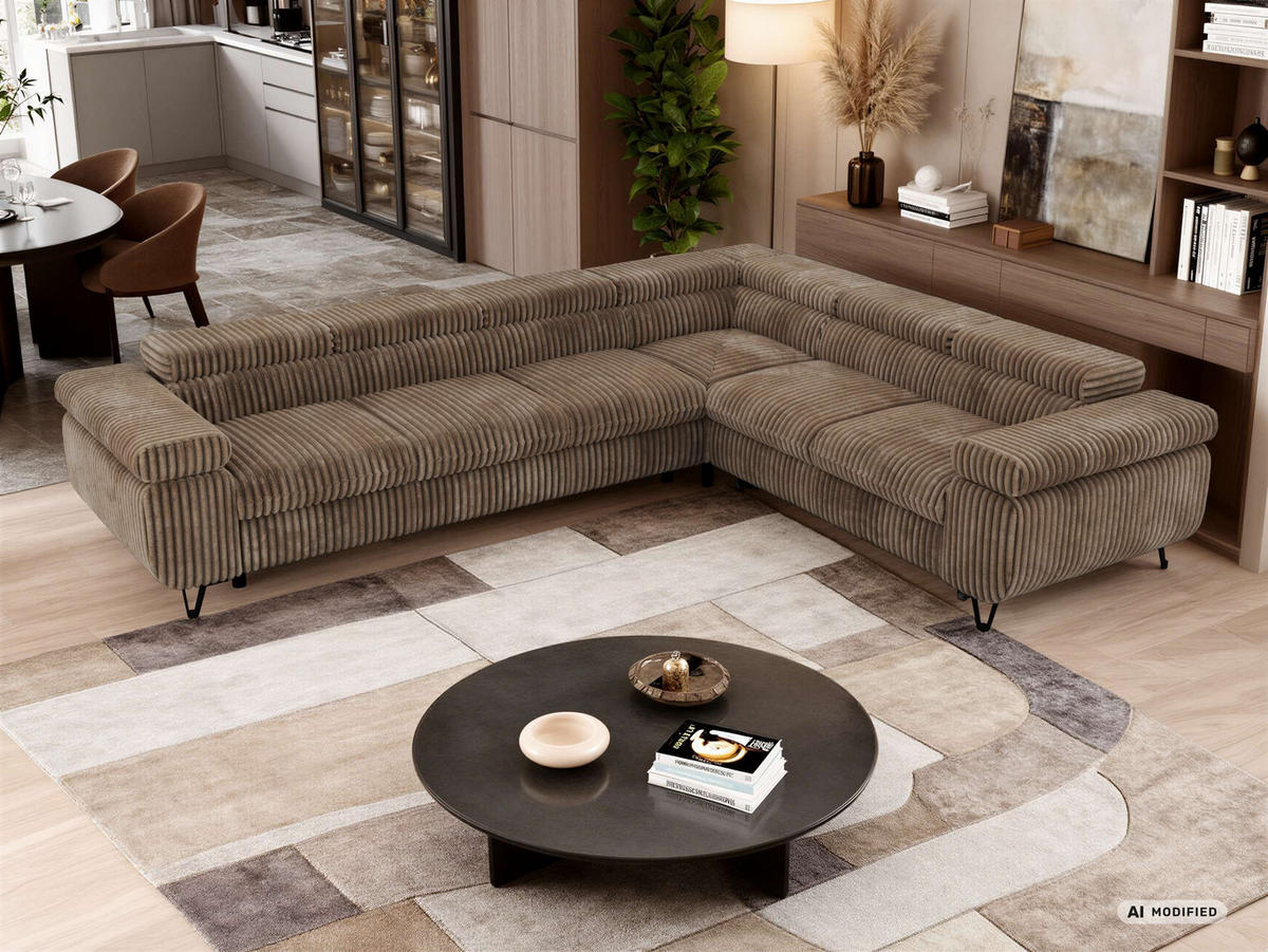 ECKSOFA NORDEN L - Braun Cord - Links Seite - Schwarz/Braun, Textil/Metall (269/329cm) - MKS