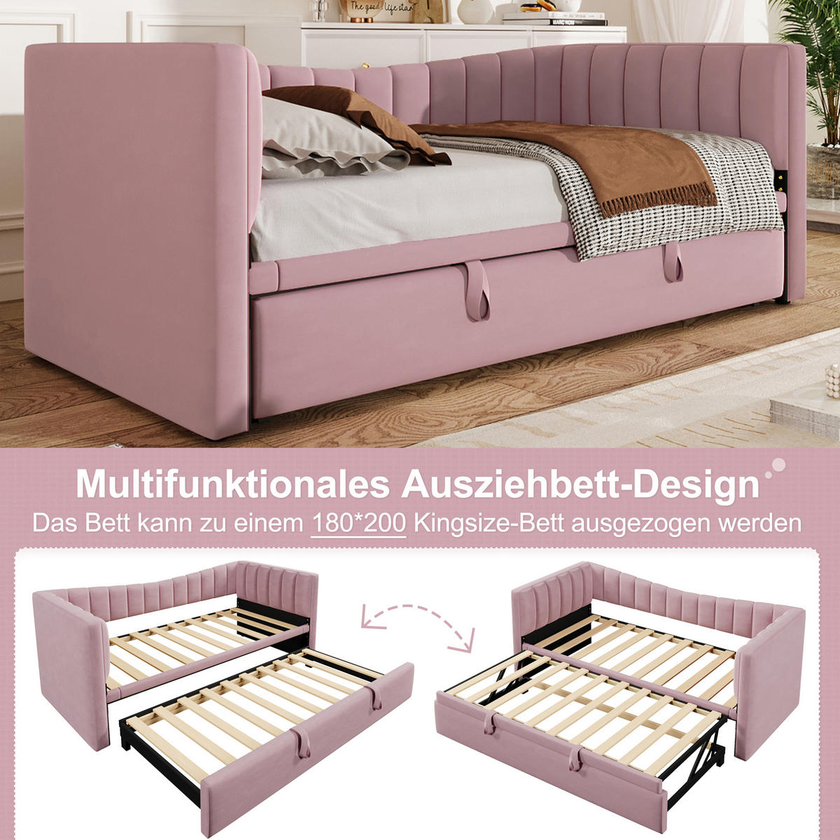 POLSTERBETT 90/200 cm in Rosa aus Samt mit Ziehbett - Rosa, Textil (180/200cm) - Flora Grace