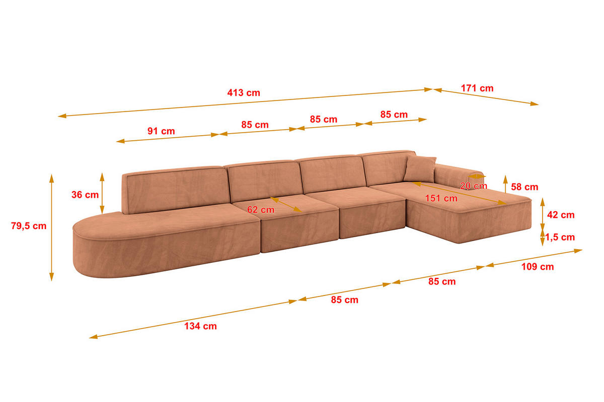 ECKSOFA Ottomane Rechts IREA-L3-v3 - 413x171x79 cm Koralle - Koralle, Holzwerkstoff/Textil (171/413cm) - ALTDECOR