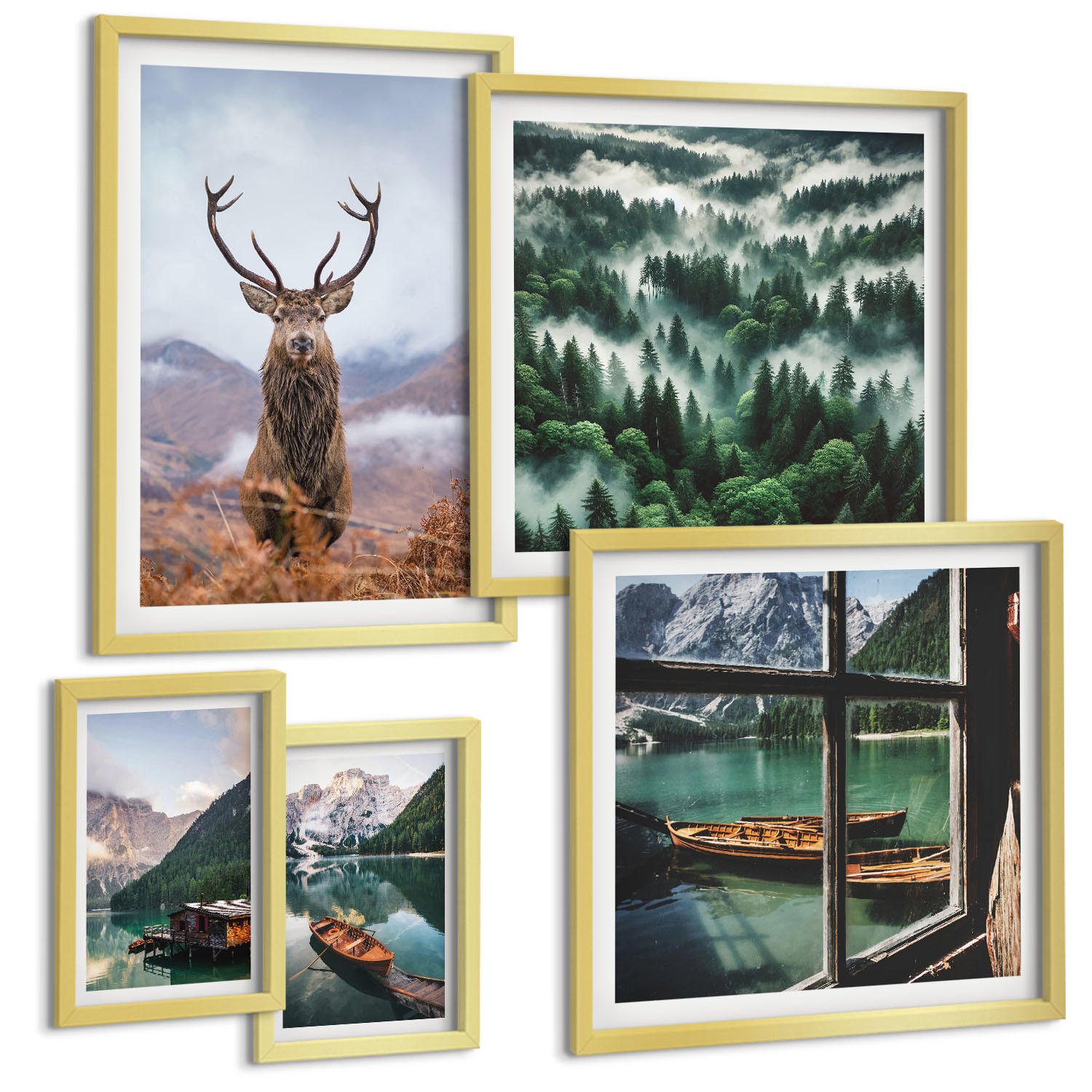 BILDER SET 5er Set - 50x50 cm & 20x30 cm & 40x60 cm Goldrahmen - Nebel auf dem Bergsee, Bootsfahrten, Nebel - Goldfarben, Kunststoff (40/60cm) - TULUP