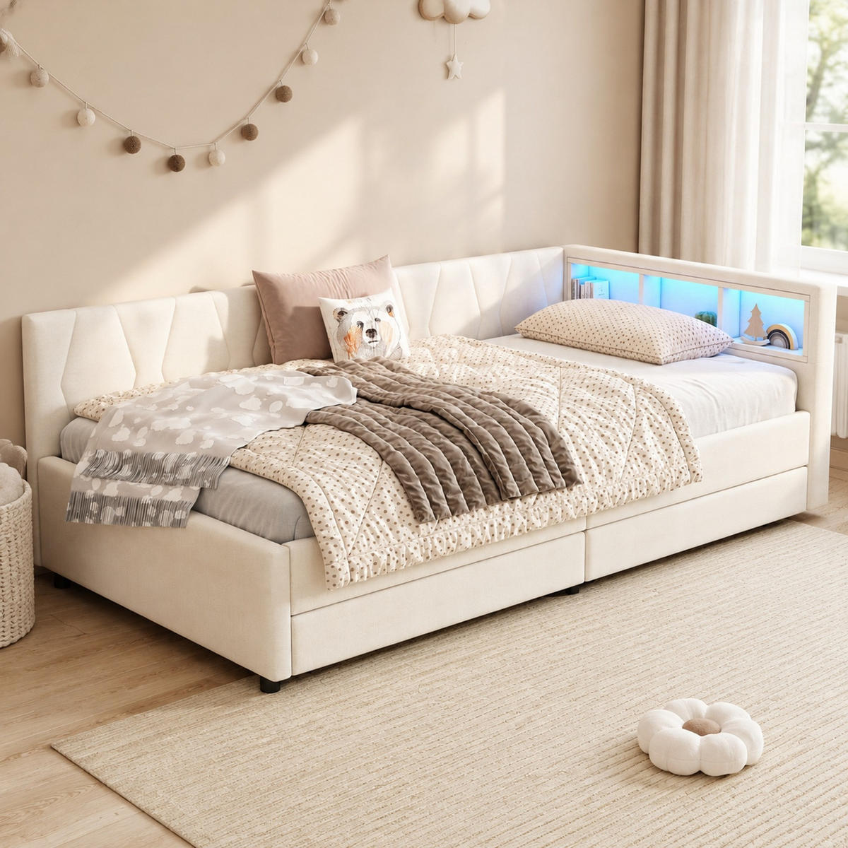 POLSTERBETT 90/200 mit LED, USB- und Type-C-Anschluss, zwei Schubladen und Ablagefächern in Beige - Beige, Holzwerkstoff/Textil (90/200cm) - EVRYAE