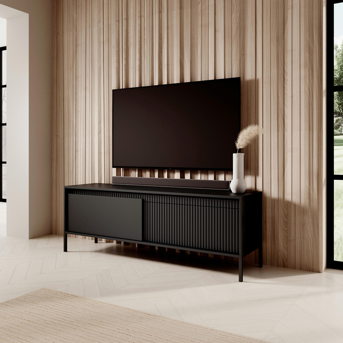 TV-ELEMENT SELBU RTV1 Reliefierte Fronten aus MDF-Platte Schwarz Schwarz - Schwarz, Glas/Holzwerkstoff (154/54/40cm) - Komodee