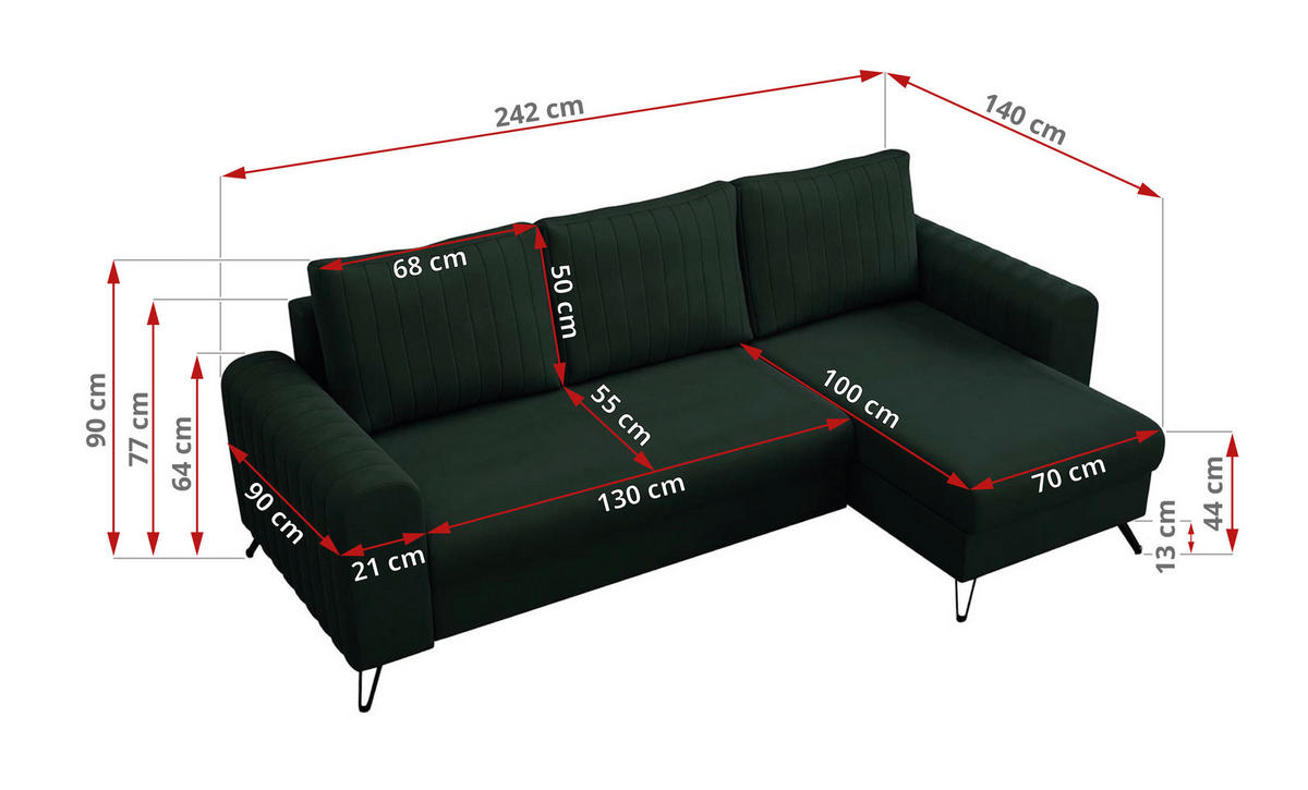 ECKSOFA Axel Samt Grün - Schwarz/Grün, Textil/Metall (242/140cm) - MKS