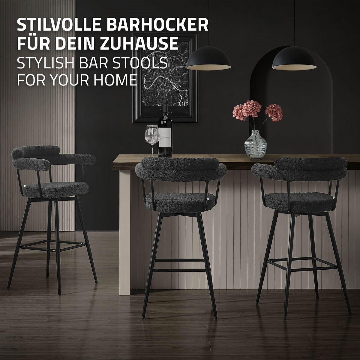 BAROVÉ ŽIDLE, otočná, 2 ks, tmavě šedá s plyšovým potahem, výška 76 cm - černá/tmavě šedá, kov/textil (61/103/55cm) - ML-DESIGN