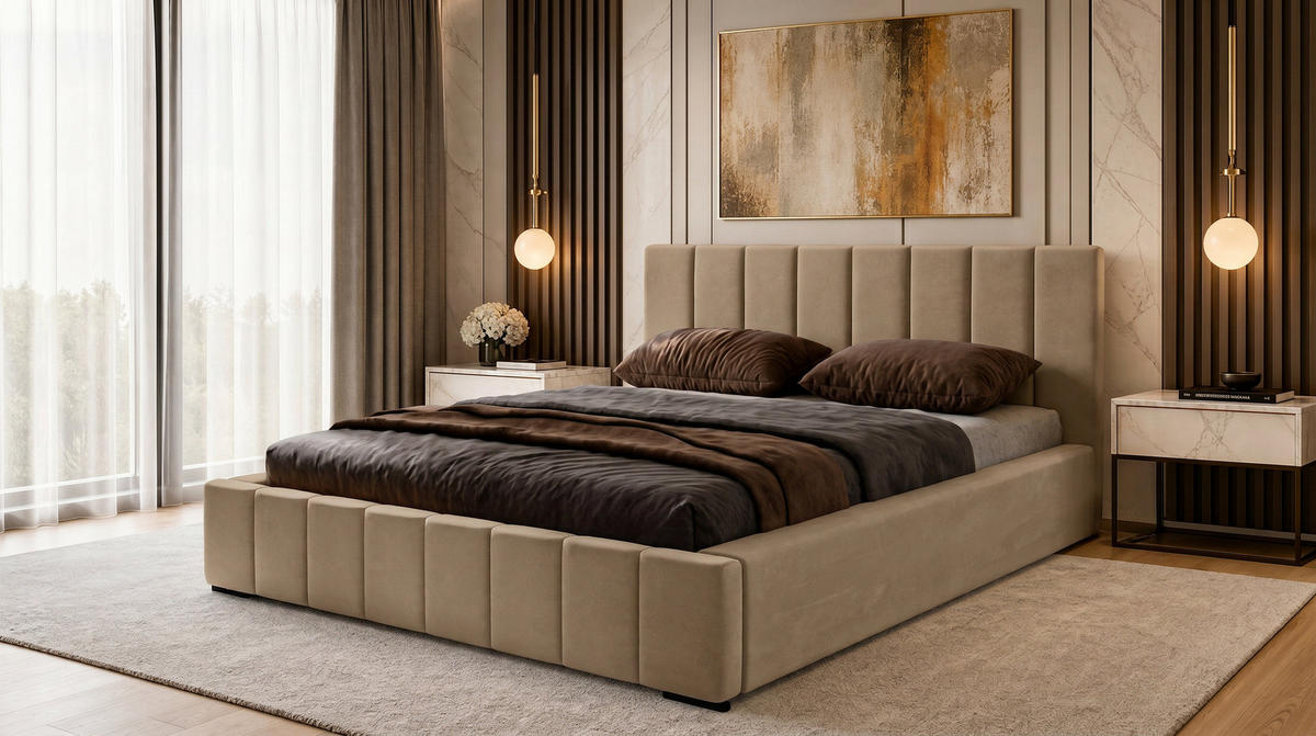 MARPUR Polsterbett NERO 180x200 cm mit Bettkasten und Lattenrost, Hellbraun - Chromfarben/Hellbraun, Holz/Holzwerkstoff (180/200cm) - Marpur