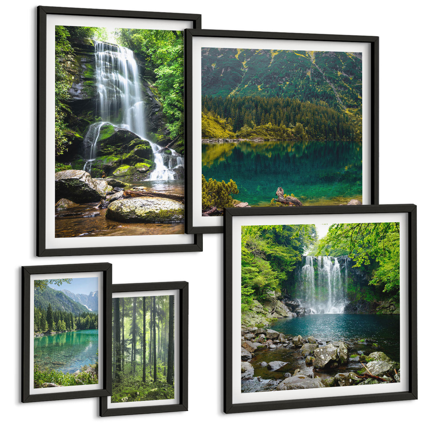 BILDER SET 5er Set - 50x50 cm & 20x30 cm & 40x60 cm Schwarzer Rahmen - Grüne Landschaften, Wasserfälle - Schwarz, Kunststoff (40/60cm) - TULUP