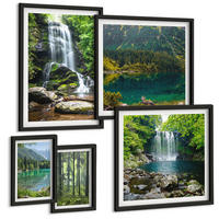 BILDER SET 5er Set - 50x50 cm & 20x30 cm & 40x60 cm Schwarzer Rahmen - Grüne Landschaften, Wasserfälle - Schwarz, Kunststoff (40/60cm) - TULUP