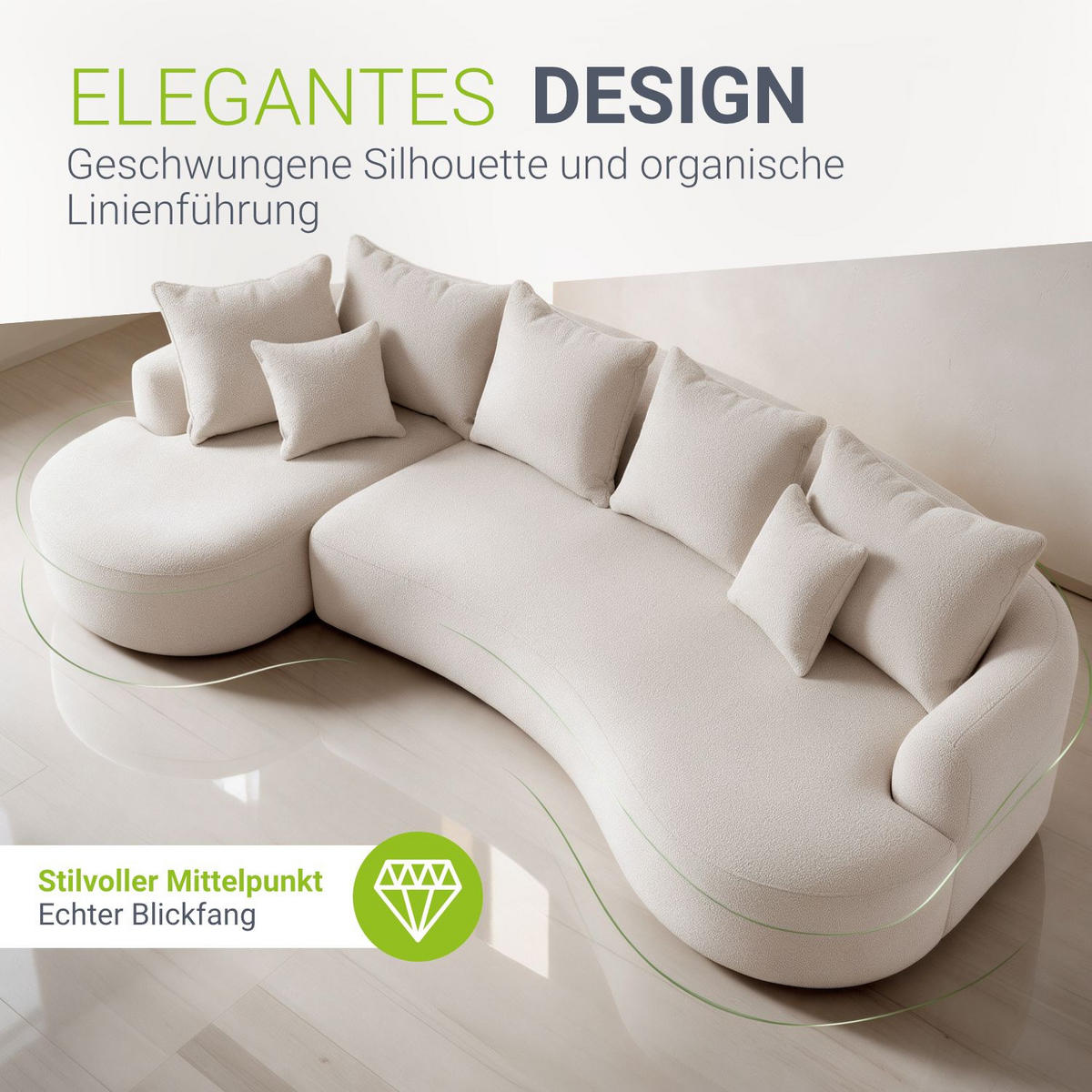 SOFA Tirano Bouclé Creme mit Ottomane links - Creme, Textil (102/300cm) - Juskys