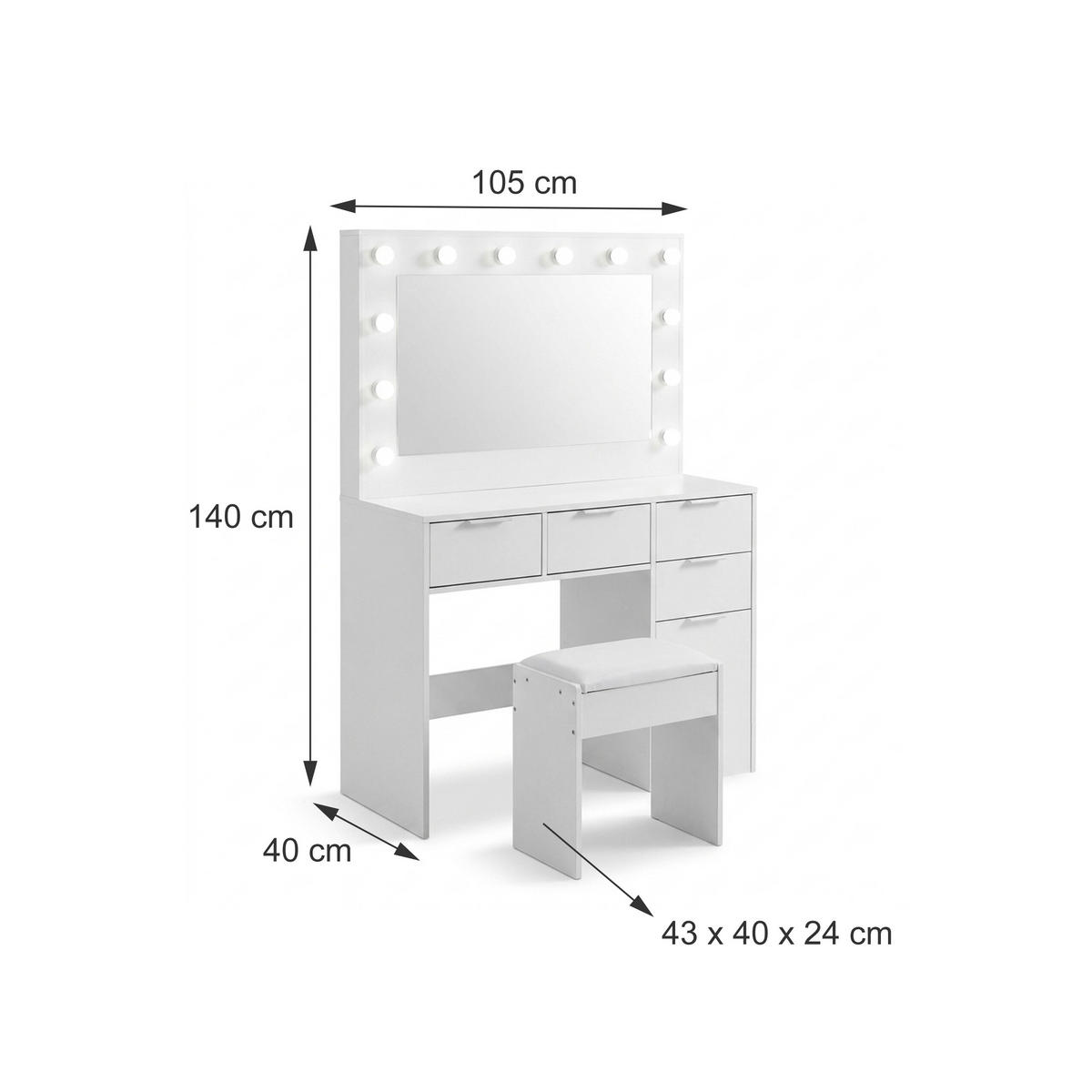 STOL Bijeli 2-dijelni-set LED ogledalo - bijela, drvni materijal (105/140/40cm) - Relaxdays