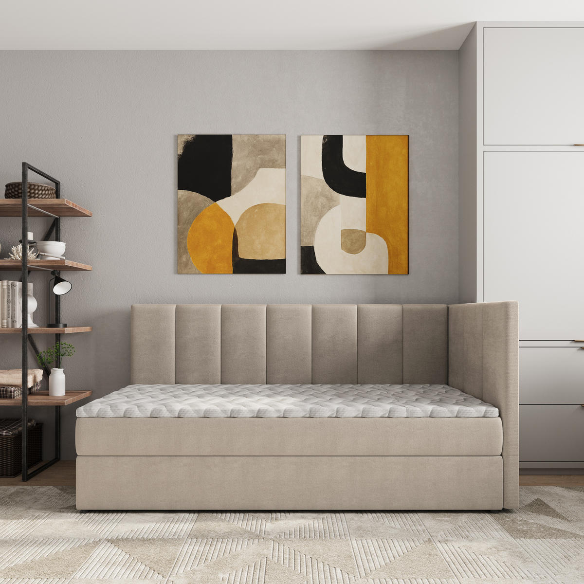 BOXBETT BEVE 80x200 cm mit Matratze und Topper, H2+H3 - Beige - Beige, Holz (80/200cm) - MASSENO