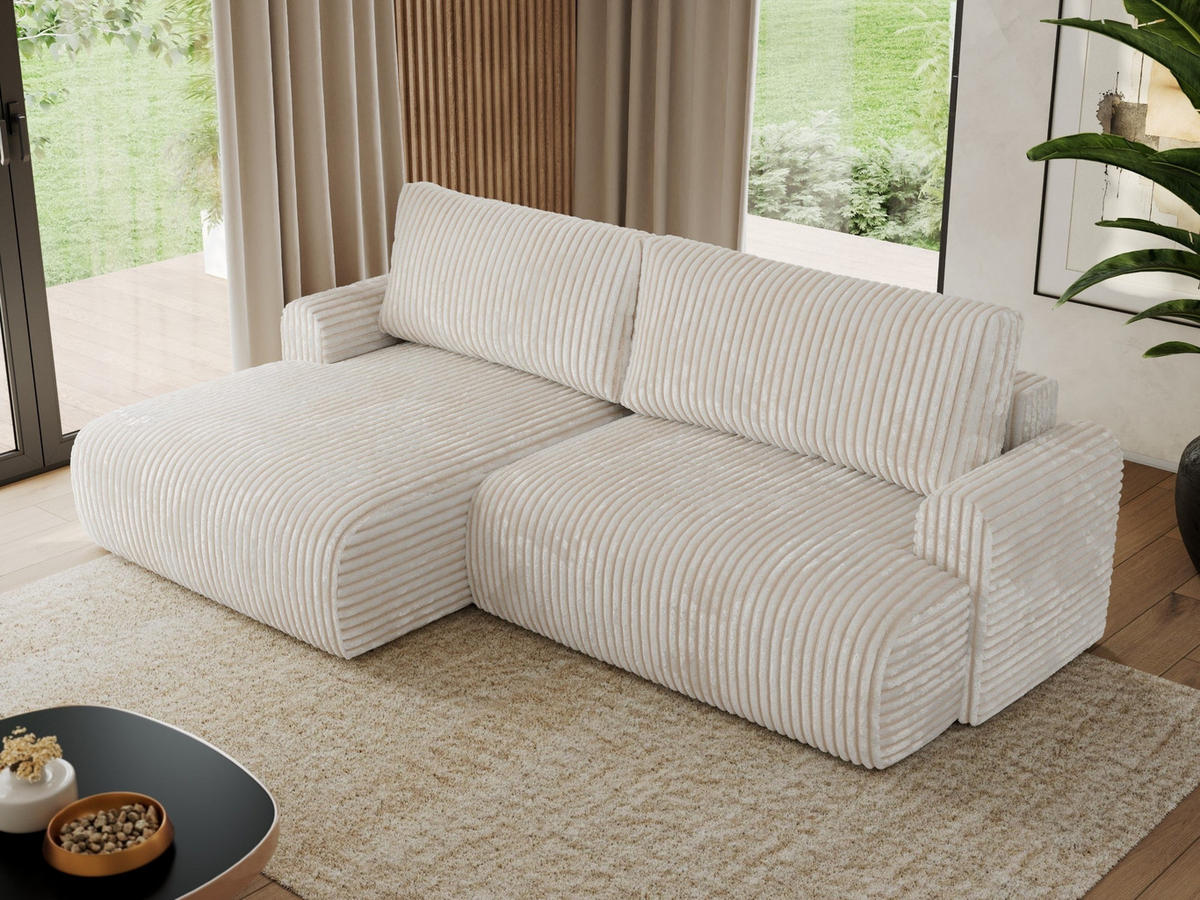 ECKSCHLAFSOFA TONO L Creme Cord - links - Creme/Schwarz, Kunststoff/Textil (260/150cm) - MKS