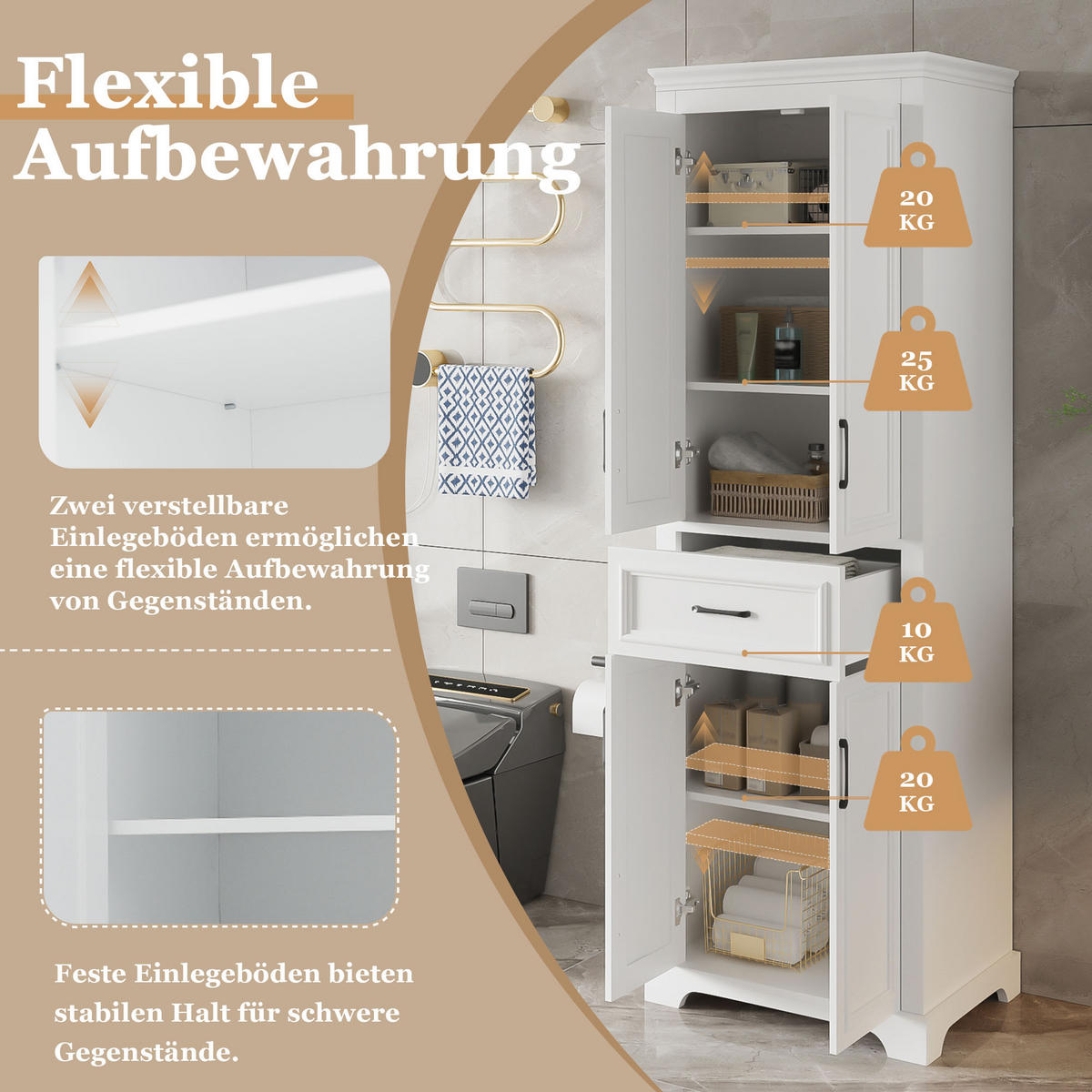 BUFFET Badschrank mit 3 Schubladen & Einlegeboden, Weiß, Einheitsgröße / MDF - Weiß, Holzwerkstoff (60/180/40cm) - EVRYAE