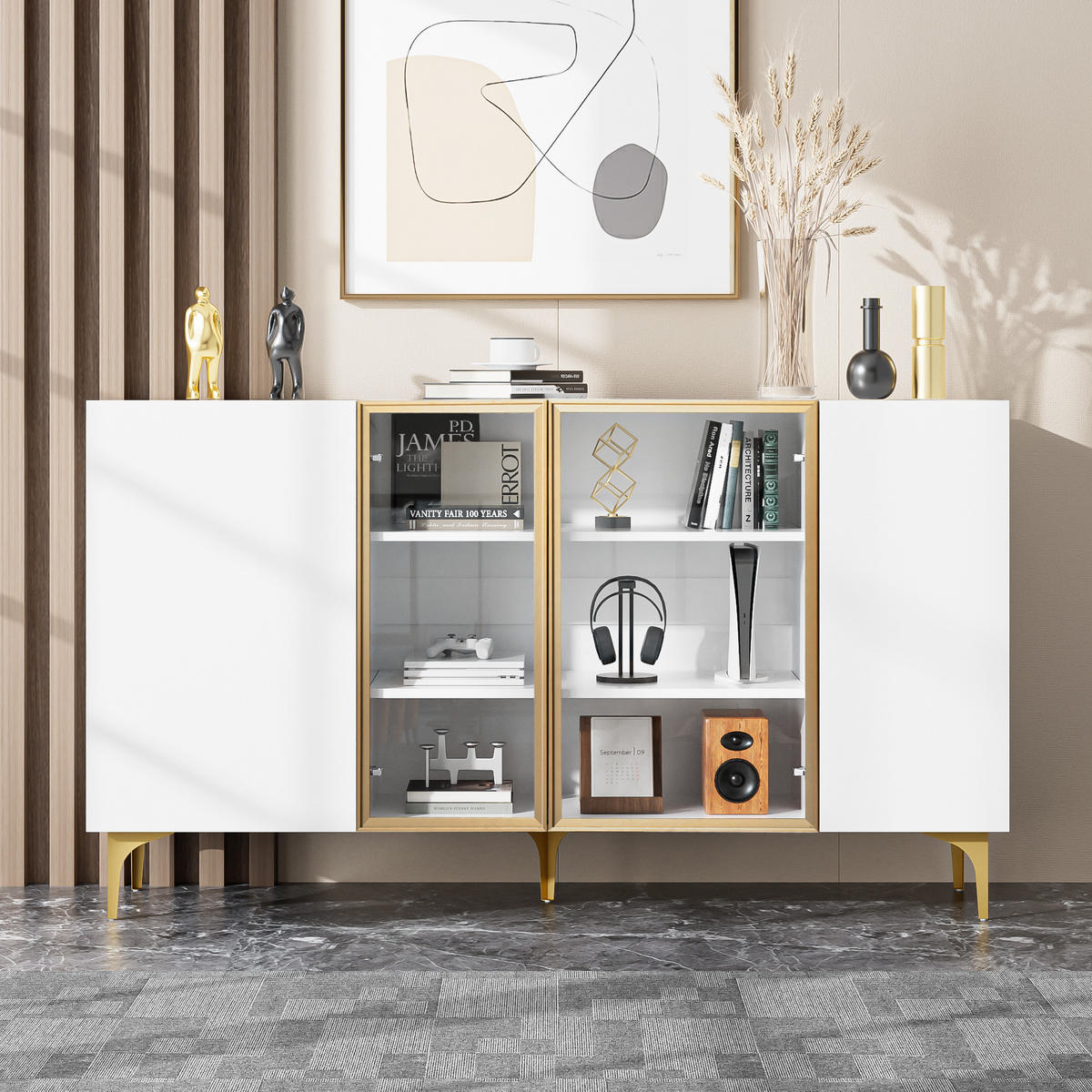 SIDEBOARD mit 4 Türen, grifflos, MDF und gehärtetes Glas, modernes asymmetrisches Design, goldfarbenen Metallfüßen, 150/38/85 cm, Weiß - Weiß, Holzwerkstoff (150/85/38cm) - Redom