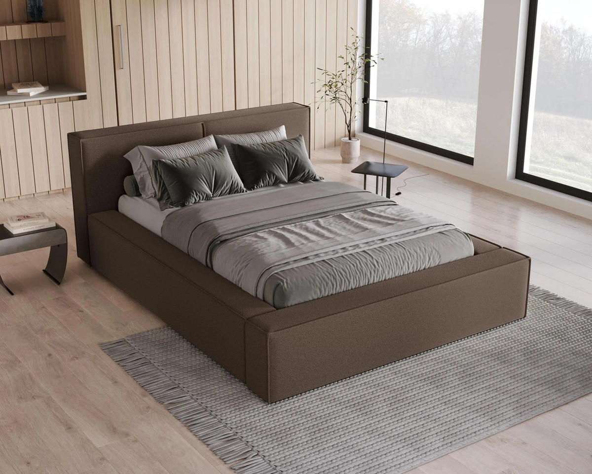 POLSTERBETT Lugano 140x200 cm mit Bettkasten und elegantem Kopfteil - Bouclé Braun - Braun, Holz/Textil (140/200cm) - Chilly