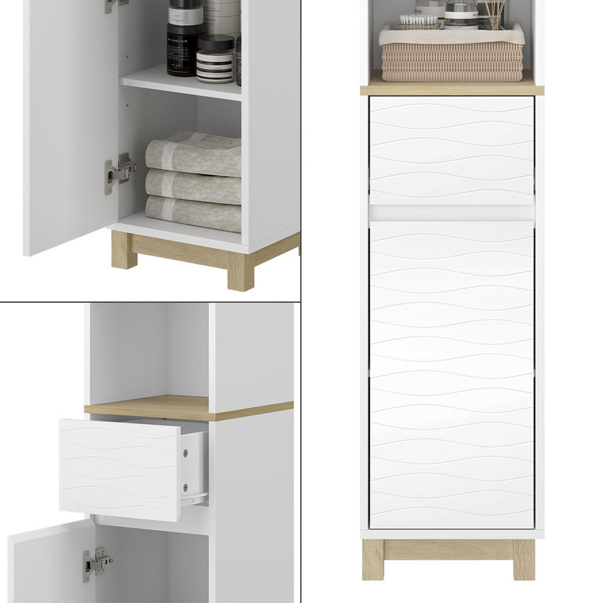 BADEZIMMERMÖBEL Livia Weiß 30 x 151 cm mit Schubladen - Weiß/Naturfarben, Holzwerkstoff (30/151/30cm) - Vicco