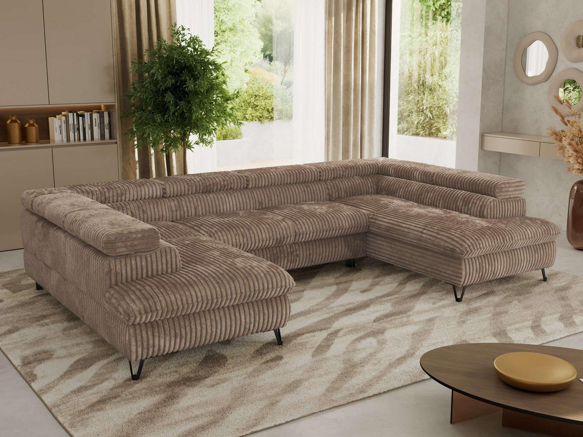 WOHNLANDSCHAFT PABLO U Cord Braun mit Topper T25 - Schwarz/Braun, Textil/Metall (346/76/208cm) - MKS