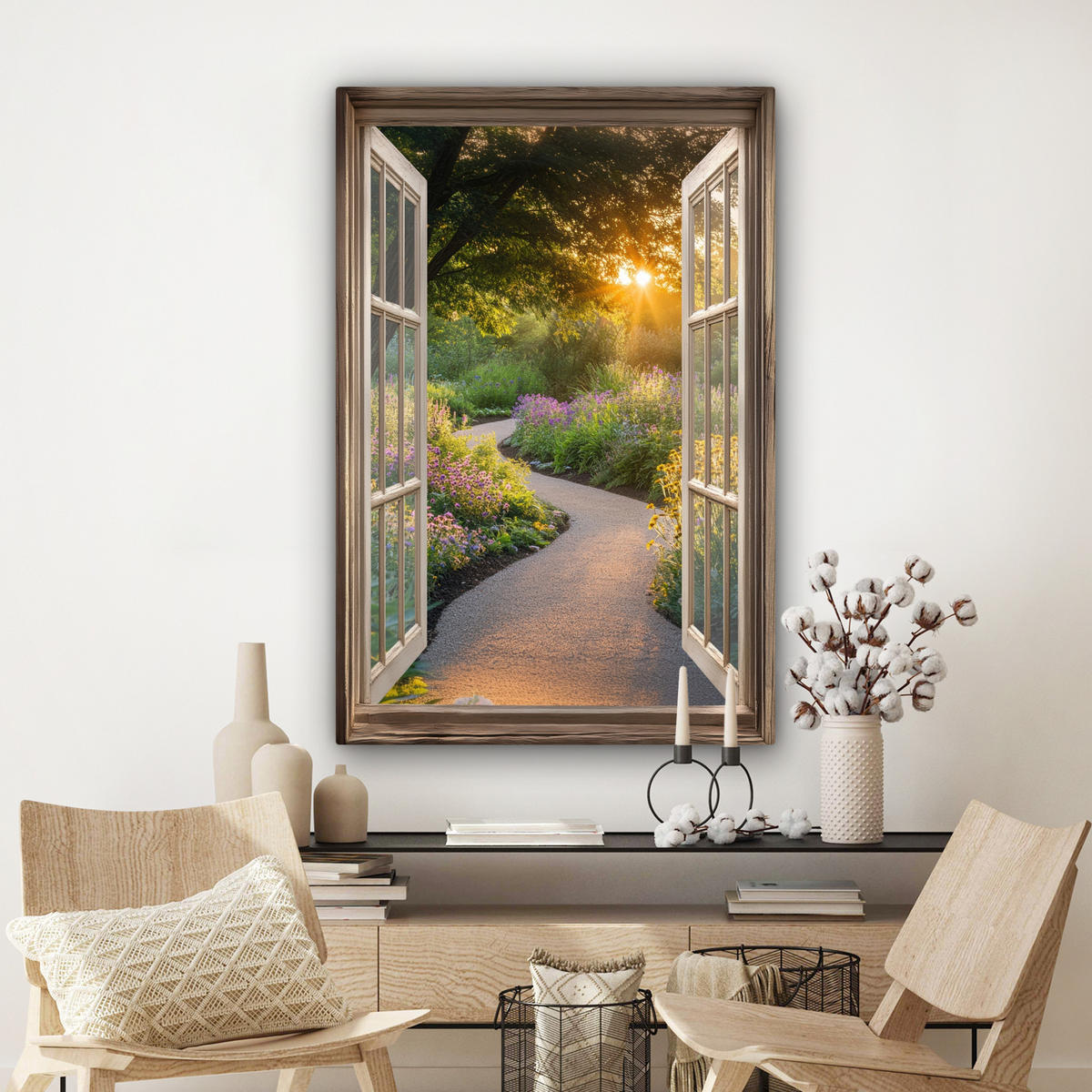 LEINWANDBILD Aussicht - Blumen - Natur - Sonne - Weg 90x140 cm - Hellgelb, Textil (90/140cm) - MuchoWow