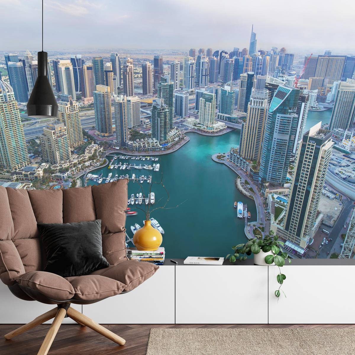 FOTOTAPETE für Wohnzimmer Dubai Vogelperspektive Wolkenkratzer 450x315 - Türkis/Blau, Papier (450/315cm) - Muralo