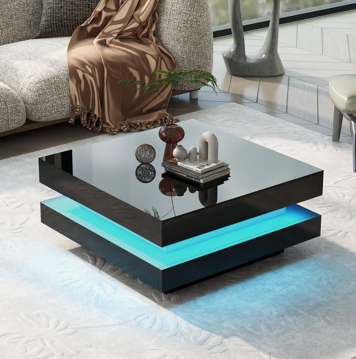 KONFERENČNÍ stolek z dřevotřísky 70x70x36 cm černý s LED osvětlením, Bluetooth ovládáním a vysokým leskem - černá, kompozitní dřevo (70/70/36cm) - Modfu