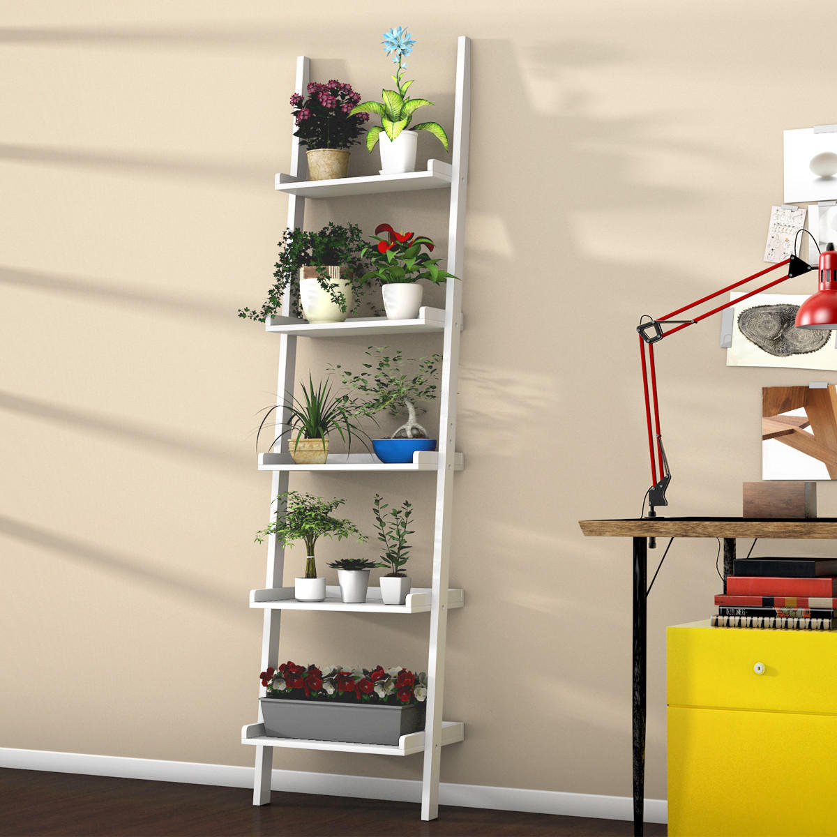 LEITERREGAL mit 5 Boeden Weiß - Weiß, Holz (33/189/56cm) - COSTWAY