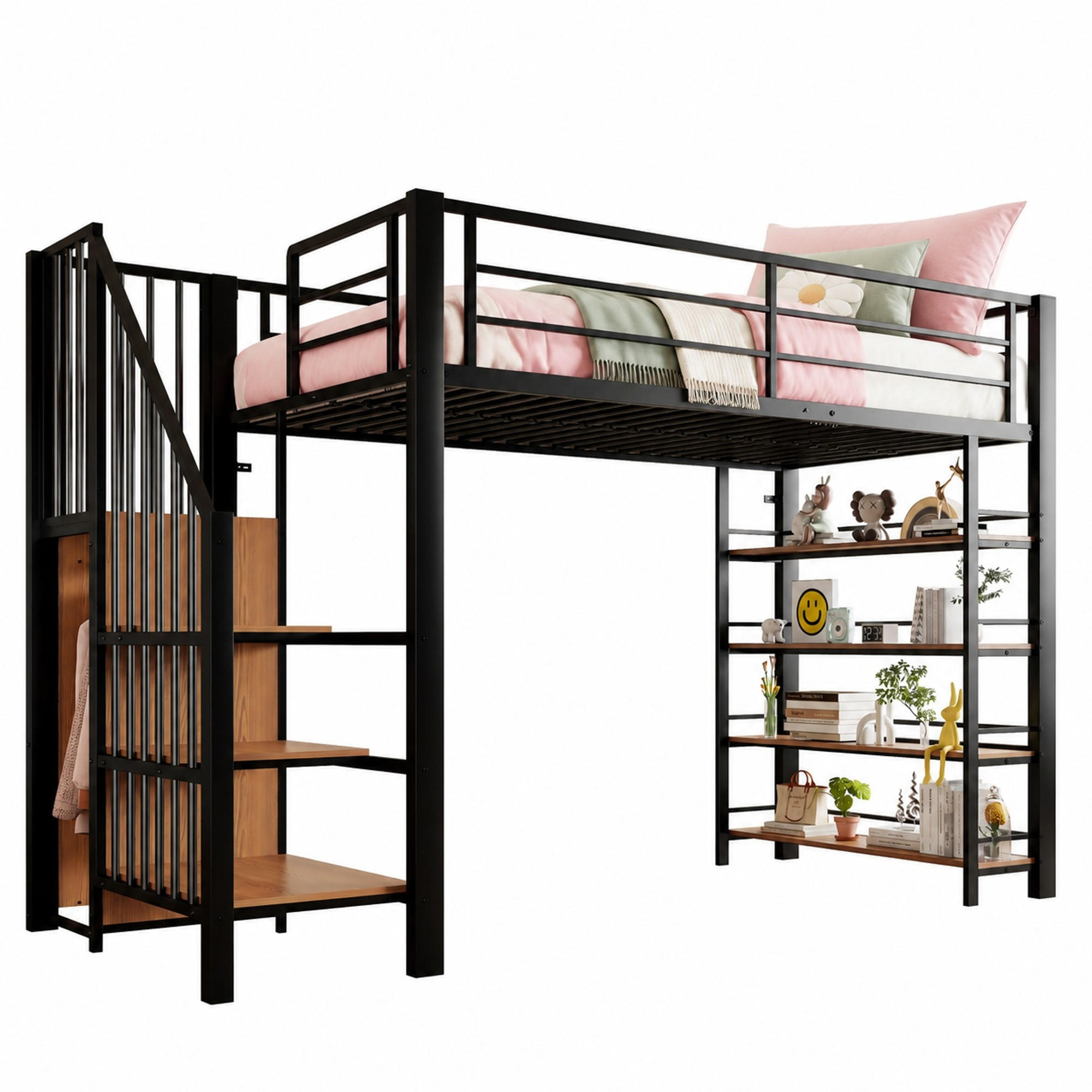 HOCHBETT 90/200 cm in Schwarz mit Treppe, Regal und Kleiderschrank - Schwarz, Holzwerkstoff/Metall (90/200cm) - CHICFURN