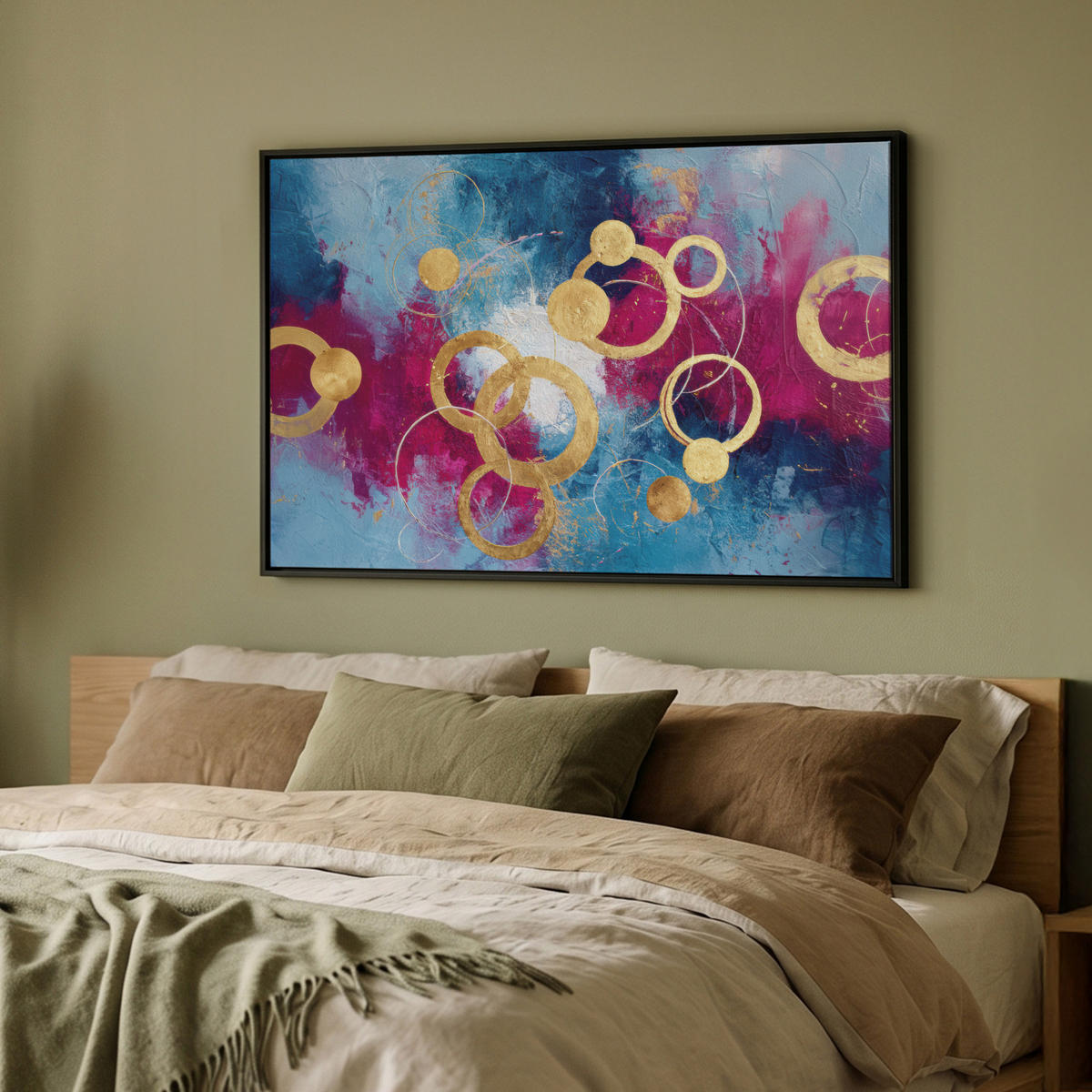 LEINWAND Bilder mit Rahmen - Kreise - Gold - Abstrakt - 90x60 - Blau, Textil (90/60cm) - MuchoWow