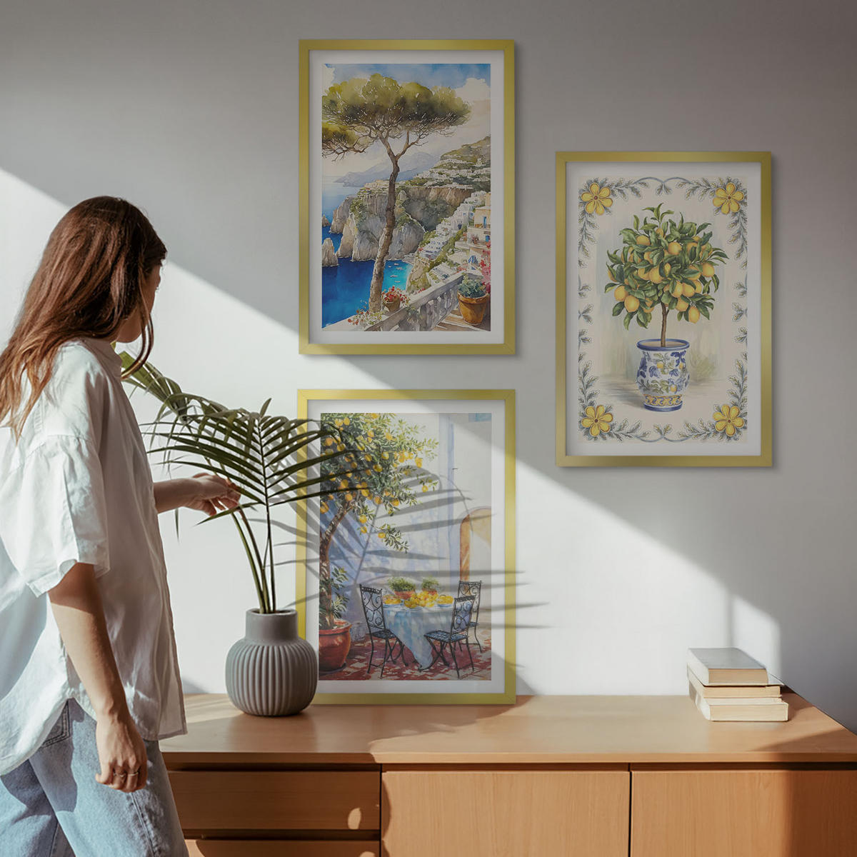 WANDBILDER 3er Set - 40x60 cm Goldrahmen - Blick auf das Meer aus Zitronenbäumen - Goldfarben, Kunststoff (40/60cm) - ArtPrintCave