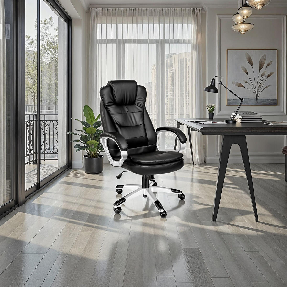 BÜROSTUHL Zulu,einstellbare Wippfunktion,schwarz - Schwarz, Leder (53/55/53cm) - tectake