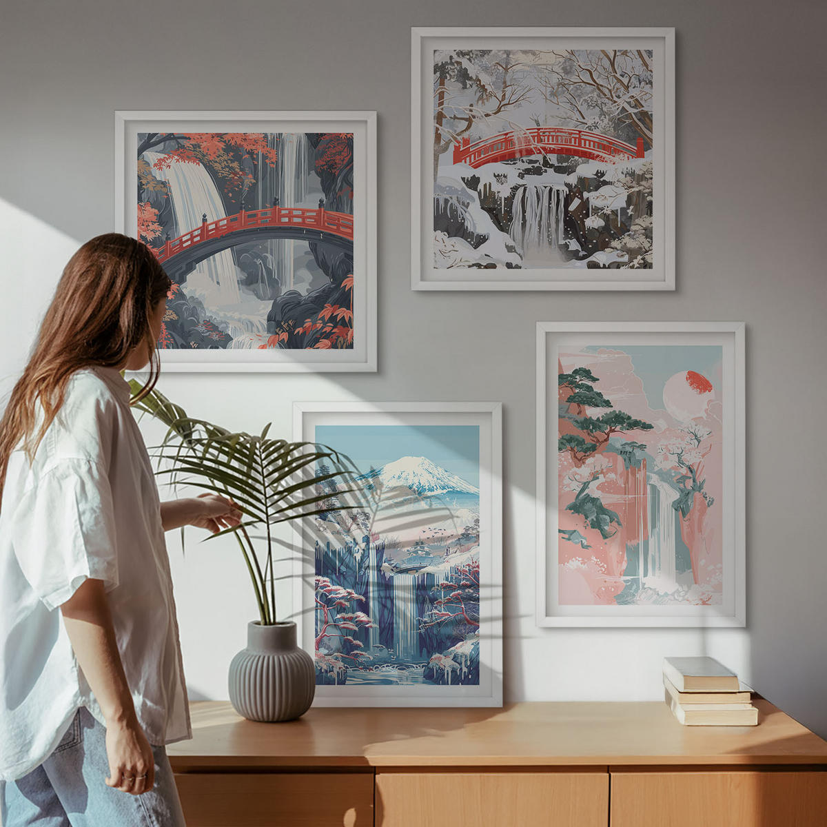 WANDBILDER 4er-Set - 50x50 cm & 40x60 cm Weißer Rahmen - Wasserfälle, Berge, Brücken, Bäume - Weiß, Kunststoff (50/50cm) - ArtPrintCave