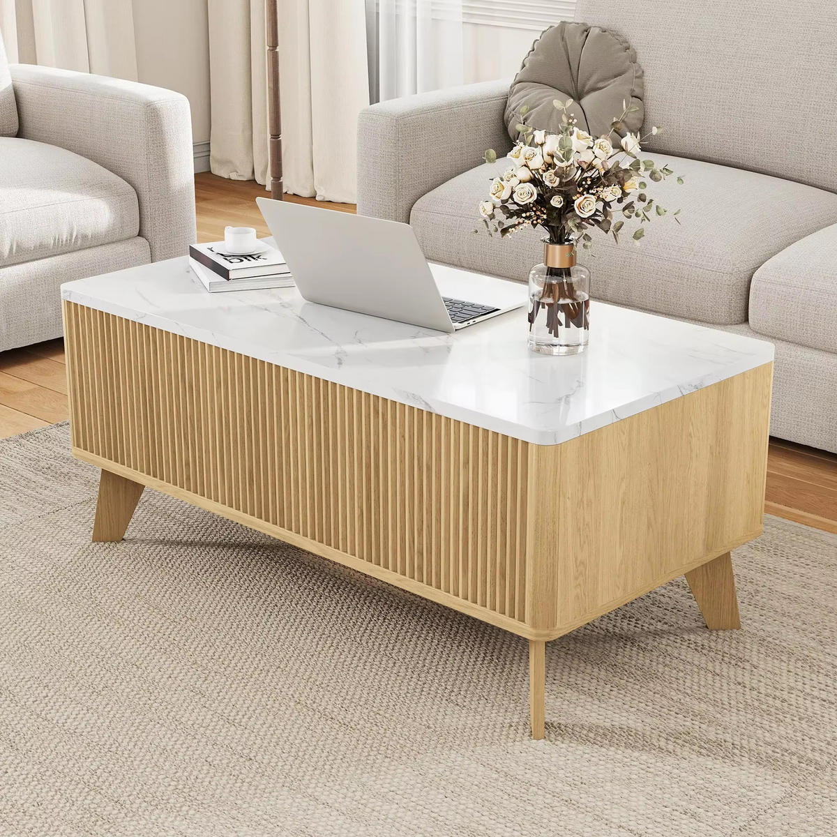 COUCHTISCH 105x42x53 Lift-Top Marmoroptik Eiche Stauraum - Eichefarben, Holz (105/53/42cm) - Kaket