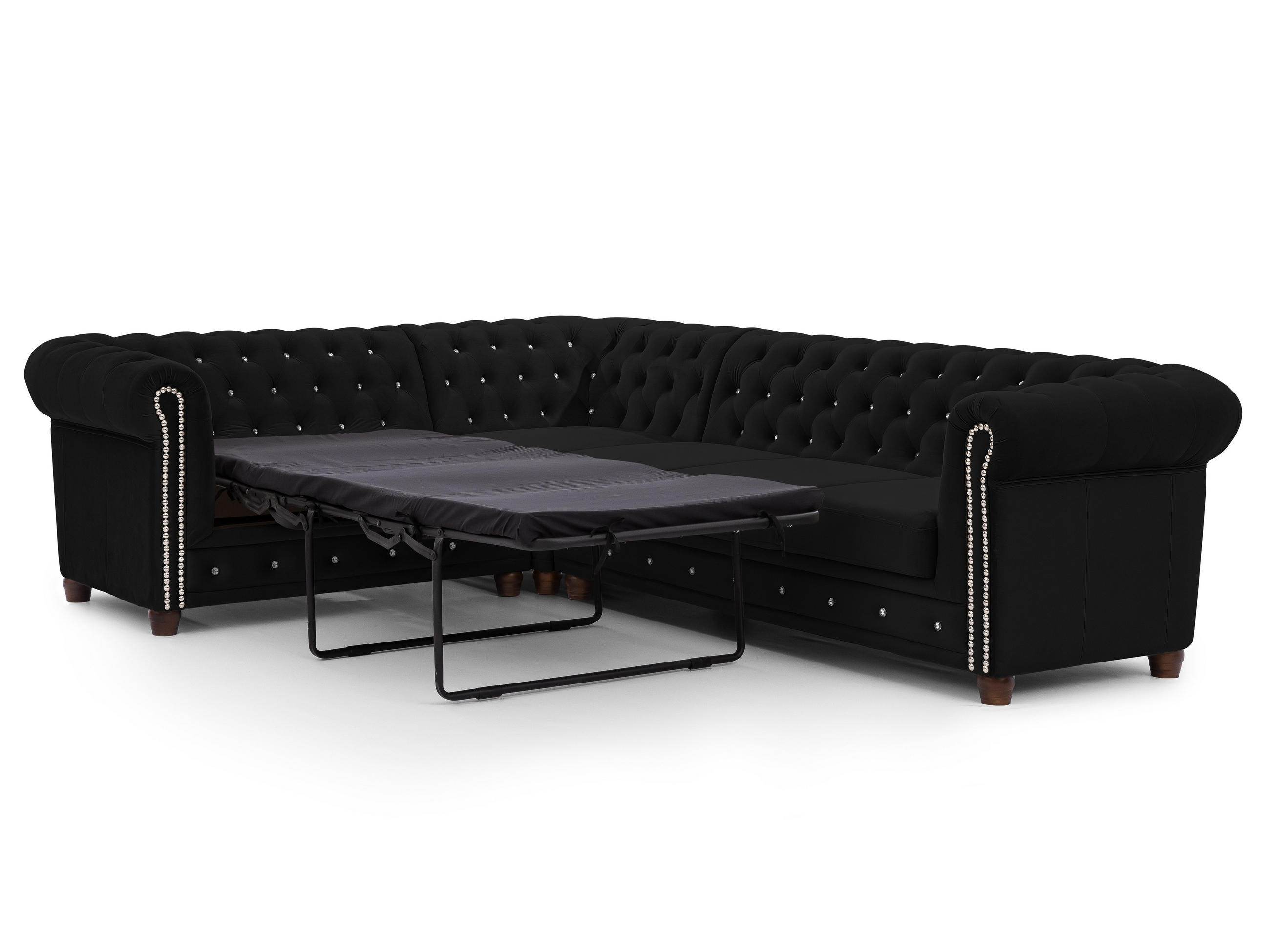 ECKSOFA mit Schlaffunktion Chesterfield Schwarz Samt mit Kristallsteppung und braunen Massivholzfüßen - Ottomane Links - Schwarz/Braun, Holz/Textil (264/210cm) - S-Style Möbel
