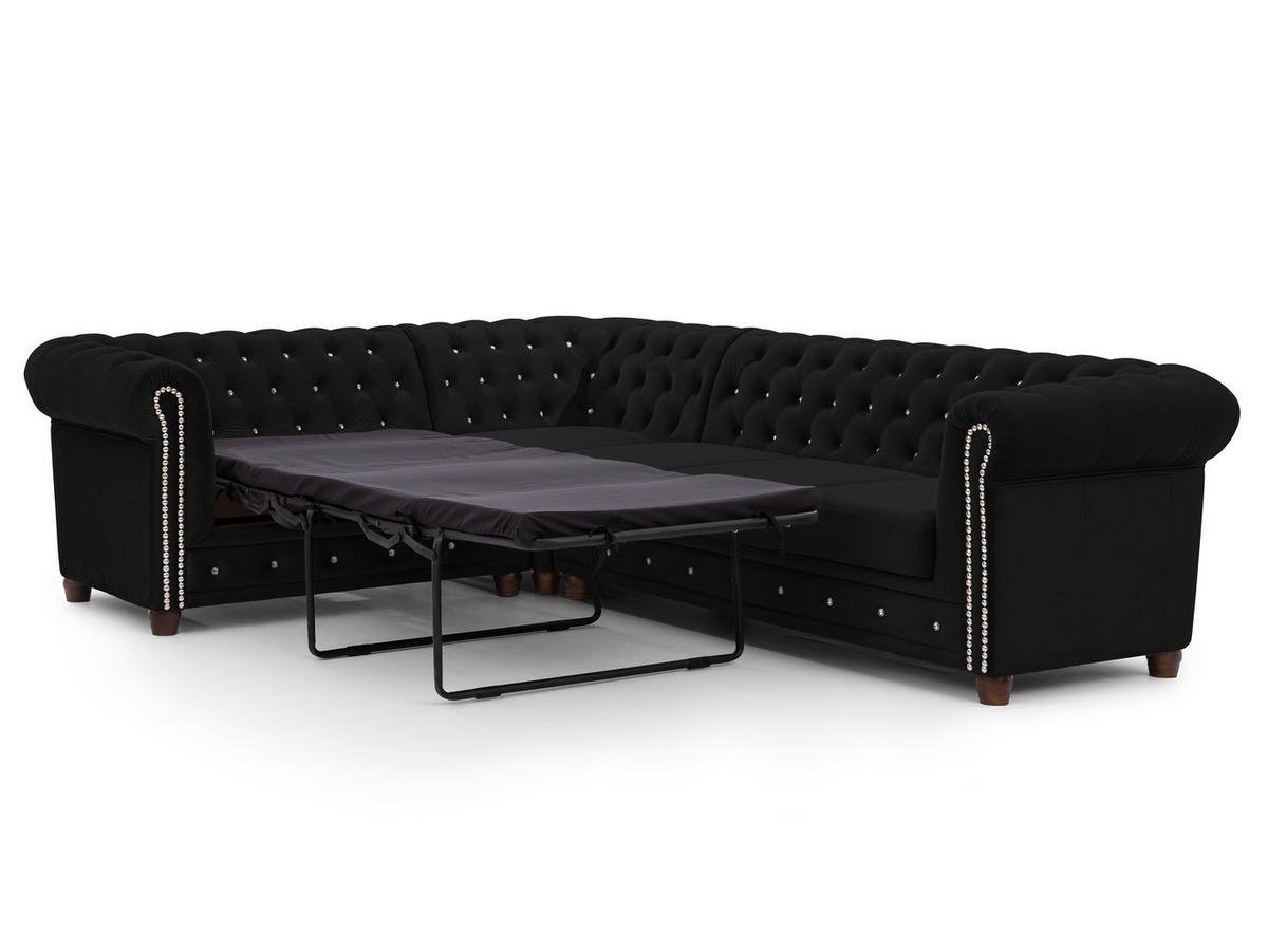 ECKSOFA mit Schlaffunktion Chesterfield Schwarz Samt mit Kristallsteppung und braunen Massivholzfüßen - Ottomane Links - Schwarz/Braun, Holz/Textil (264/210cm) - S-Style Möbel