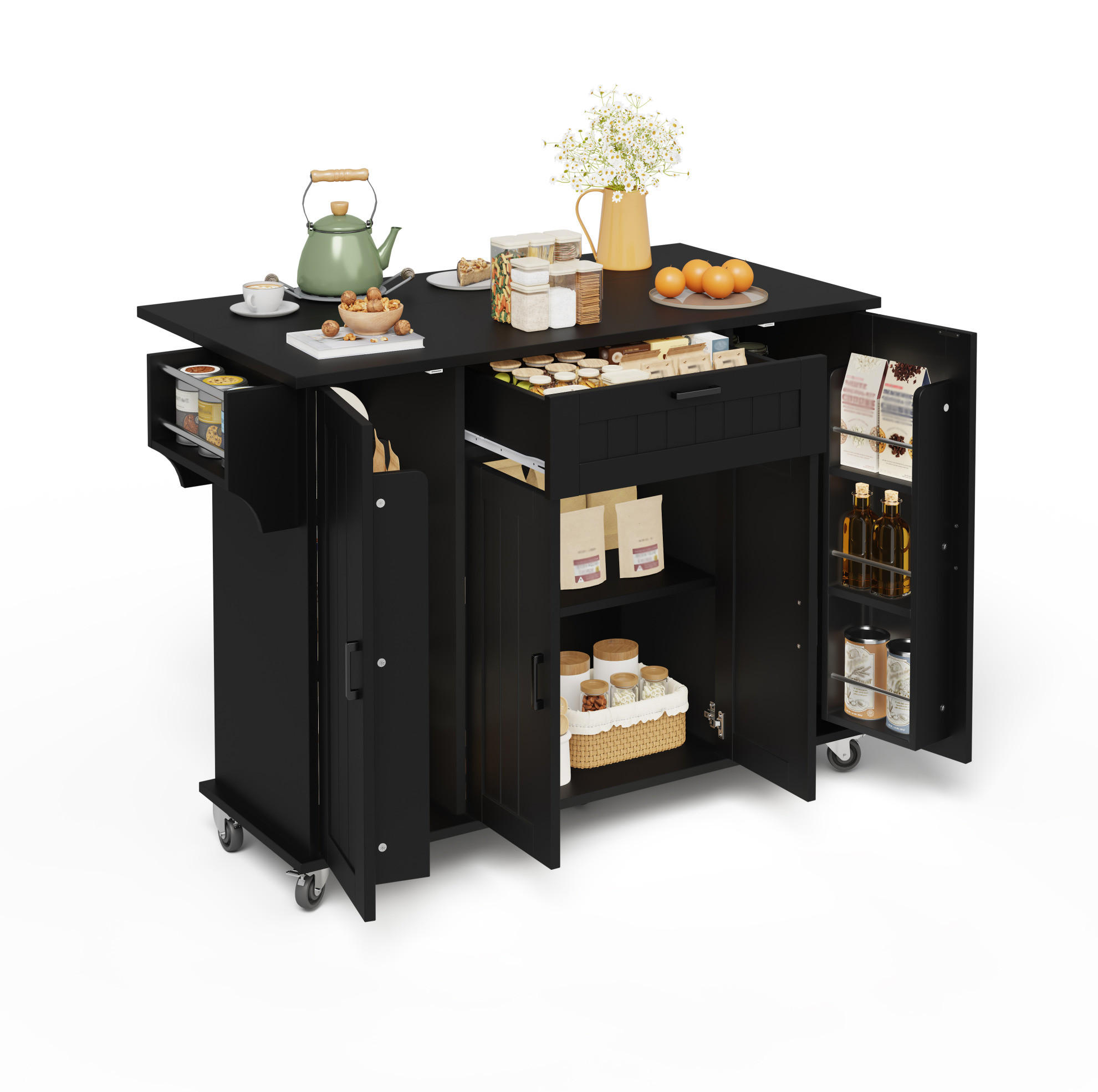 KUCHYŇSKÝ ostrůvek 120/45(70)/95 cm s klopnou pracovní deskou, 4 dvířky a kolečky, Černá - černá, kompozitní dřevo (120/95/70cm) - Redom