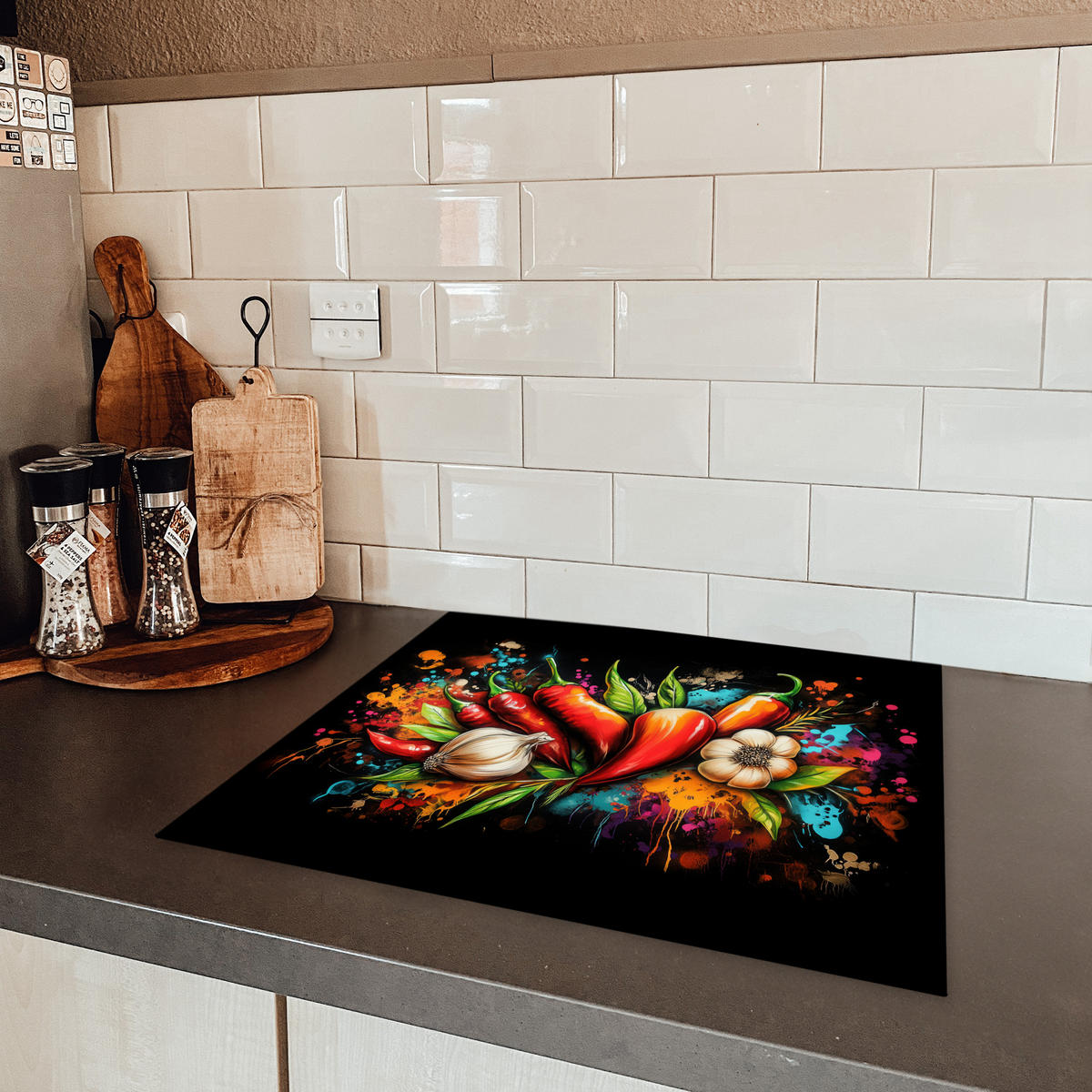 HERDABDECKPLATTE Gemüse - Paprika - Knoblauch - Graffiti - Farbe - Bunt 58x51 cm - Rot, Kunststoff (58.3/0.2/51.3cm) - MuchoWow