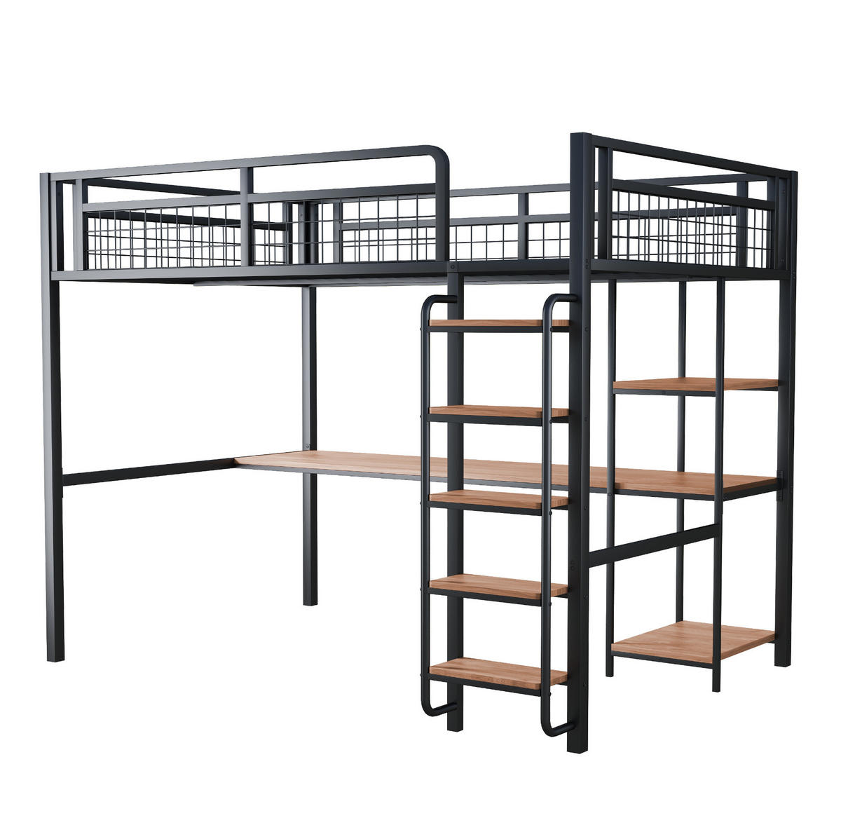 HOCHBETT 140/200 cm aus Metall und MDF mit Schreibtisch, Regal und Sicherheitsleiter Schwarz - Schwarz, Metall (140/200cm) - Modenvie
