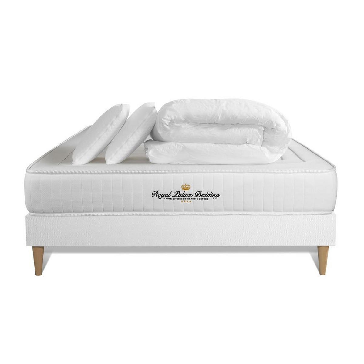 BETT Nottingham Memory-Schaum 140 x 200 cm h3 - Kit Bettgestell Weiß - Mit Kissen und Bettdecke - Beige/Weiß, Holz/Textil (140/200cm) - ROYAL PALACE BEDDING