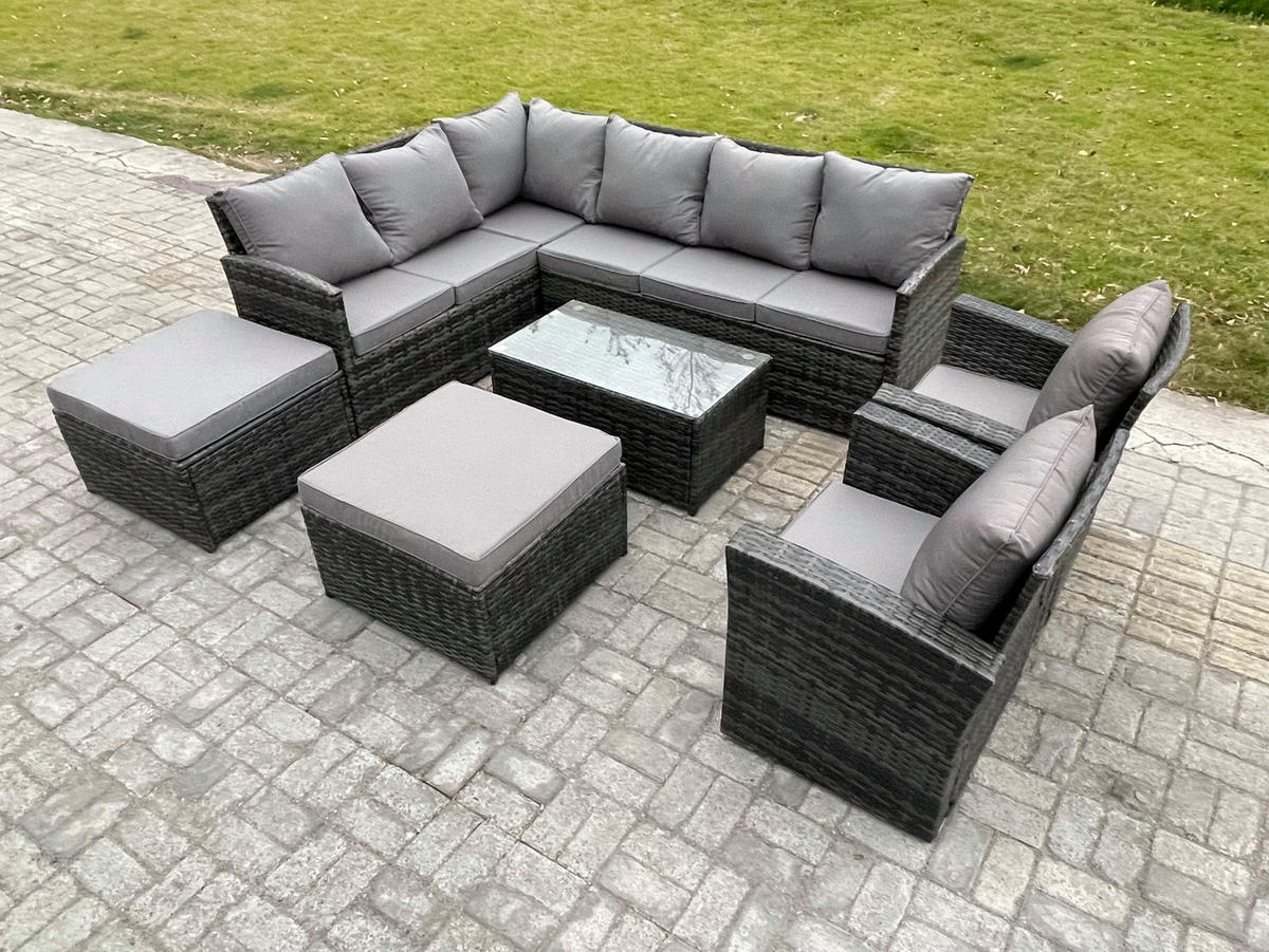 GARTENSET mit Couchtisch, 2 Fußhocker Polyrattan Dunkelgrau 10-Sitzer - Dunkelgrau/Grau, Glas/Kunststoff - Fimous