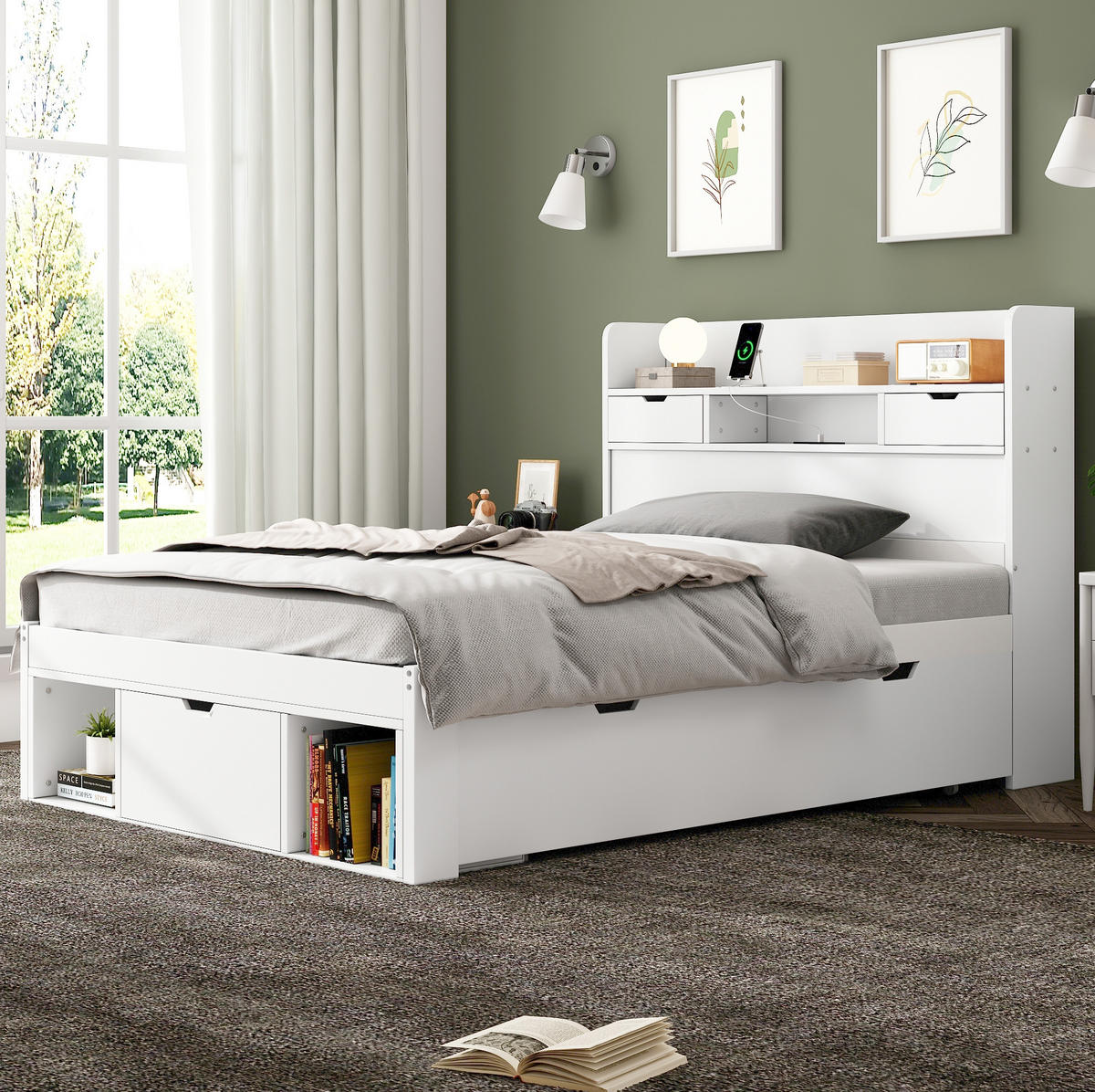 KINDERBETT 90/200 cm Weiß mit USB- und Type-C-Anschlüssen und viel Stauraum - Weiß, Holzwerkstoff (90/200cm) - Flora Grace