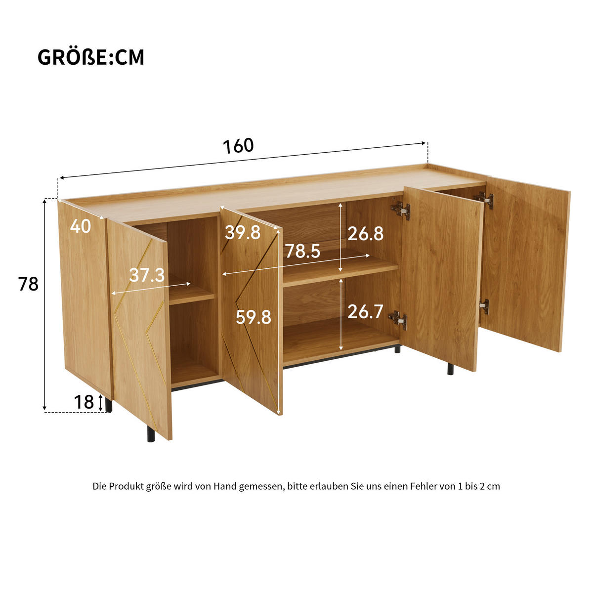 SIDEBOARD 4 Türen, Metall-Inlay, Griffloses Design, Naturholz Vielseitige Kommode & Beistellschrank - Sonoma Eiche, Holzwerkstoff (160/78/40cm) - Urban Meuble