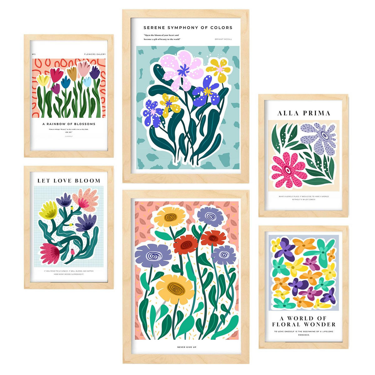 POSTER Set Mit 6 Freude A3 & A4 Rahmen Aus Hellem Holz - Beige, Papier (29/3cm) - Nacnic