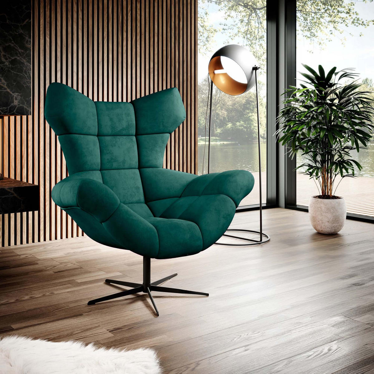 SESSEL SENSI Relaxstuhl mit 360° Drehung und Schwingfunktion – Lux-Schaumkissen, Grün, 104x46x119 cm - Schwarz/Grün, Holz/Textil (104/119/84cm) - DomoHome