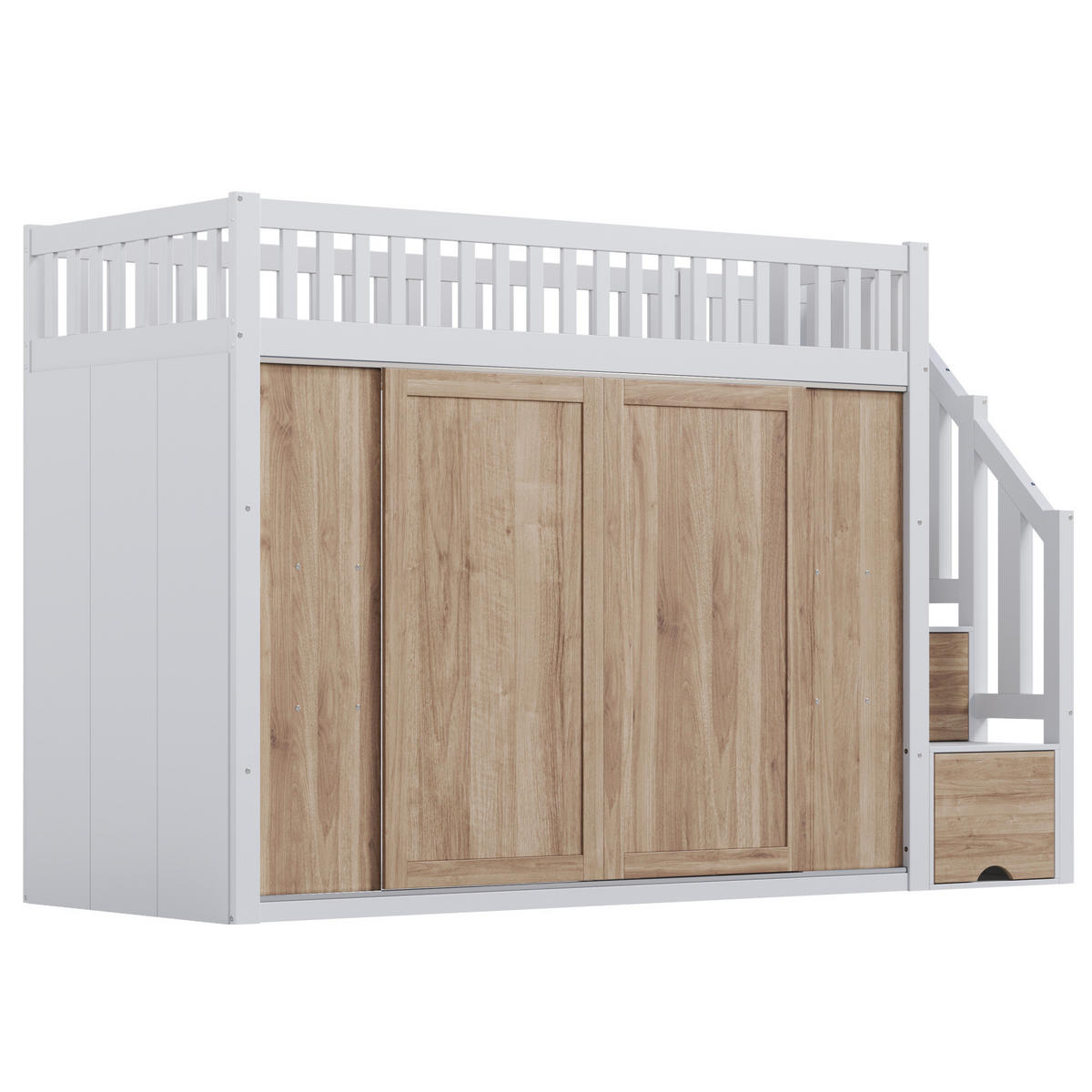 HOCHBETT 90/200 cm Weiß/Eiche mit Kleiderschrank und Treppe ohne Matratze - Weiß, Holz (90/200cm) - MIVRAY