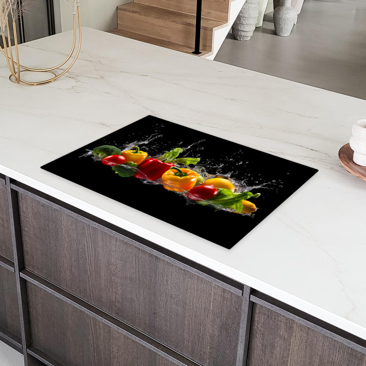 HERDABDECKPLATTE Paprika - Wasser - Gemüse - Schwarz Induktionsmatte 77x51 cm - Multicolor, Kunststoff (77/51/0.2cm) - MuchoWow