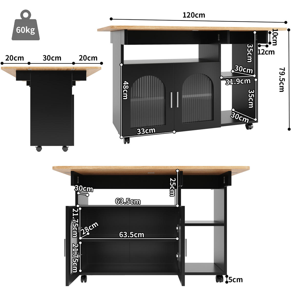 KÜCHENINSEL Klapptisch Rollbar 120x70x79.5cm Schwarz mit Arbeitsplatte & Stauraum - Schwarz, Holzwerkstoff (120/79.5/70cm) - Modfu