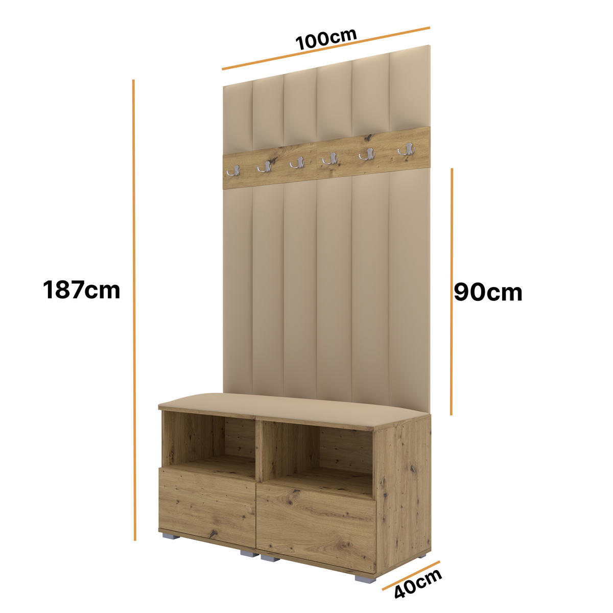 GEPOLSTERT Garderoben-Set Nela III LUX (Farbe Eiche Artisan + Stoff Trinity 04) - Beige/Silberfarben, Holz/Holzwerkstoff (100/187/40cm) - Ravio