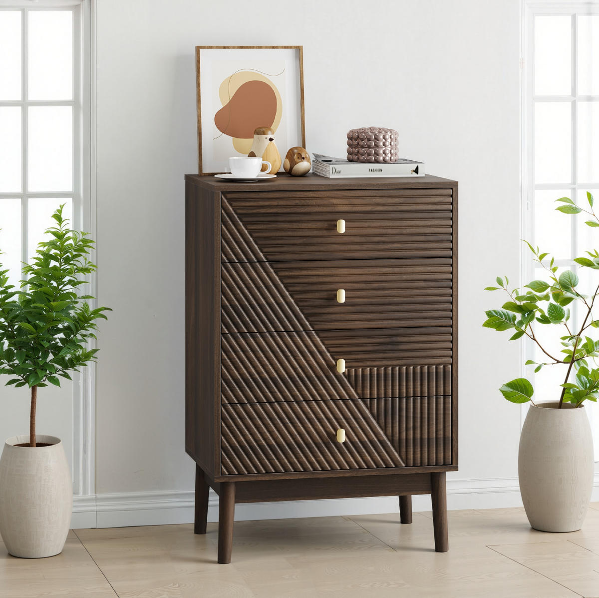 KOMMODE aus MDF und Spanplatte 60x40x90 cm Walnuss mit 4 Schubladen im Mid-Century-Stil - Walnussfarben, Holzwerkstoff (60/90/40cm) - Modfu